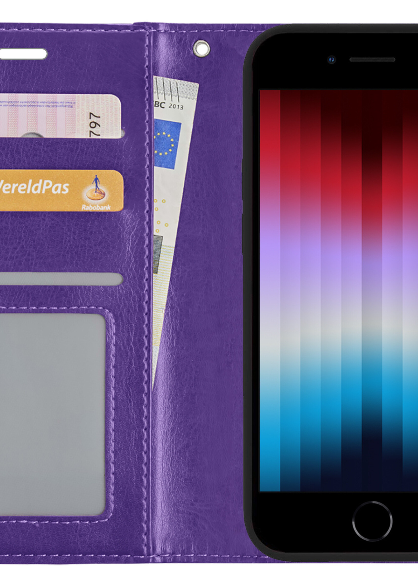 LUQ Hoesje Geschikt voor iPhone SE 2022 Hoesje Book Case Hoes Wallet Cover Met Screenprotector - Hoes Geschikt voor iPhone SE (2022) Hoesje Bookcase Hoes - Paars