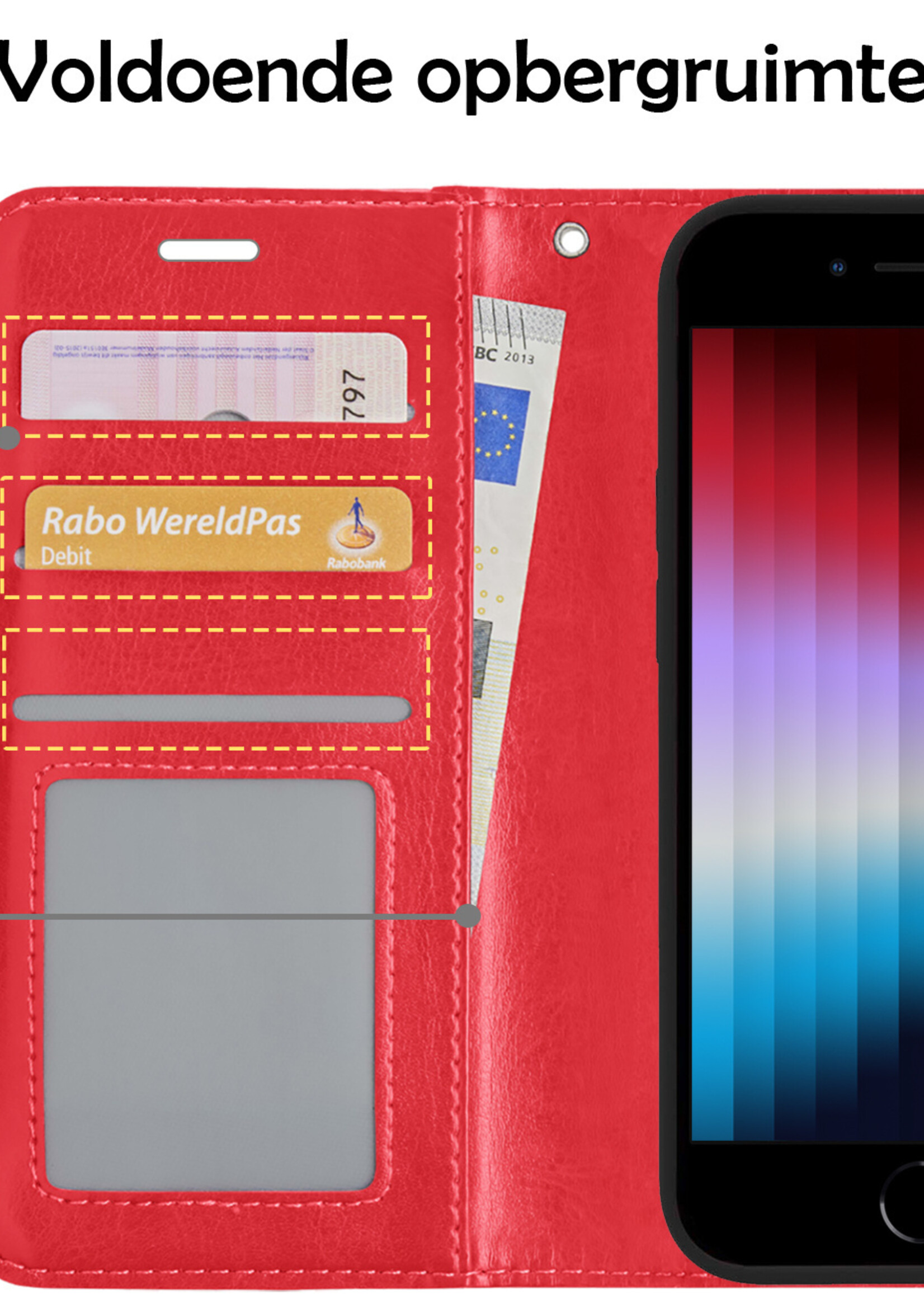 LUQ Hoesje Geschikt voor iPhone SE 2022 Hoesje Book Case Hoes Wallet Cover Met Screenprotector - Hoes Geschikt voor iPhone SE (2022) Hoesje Bookcase Hoes - Rood