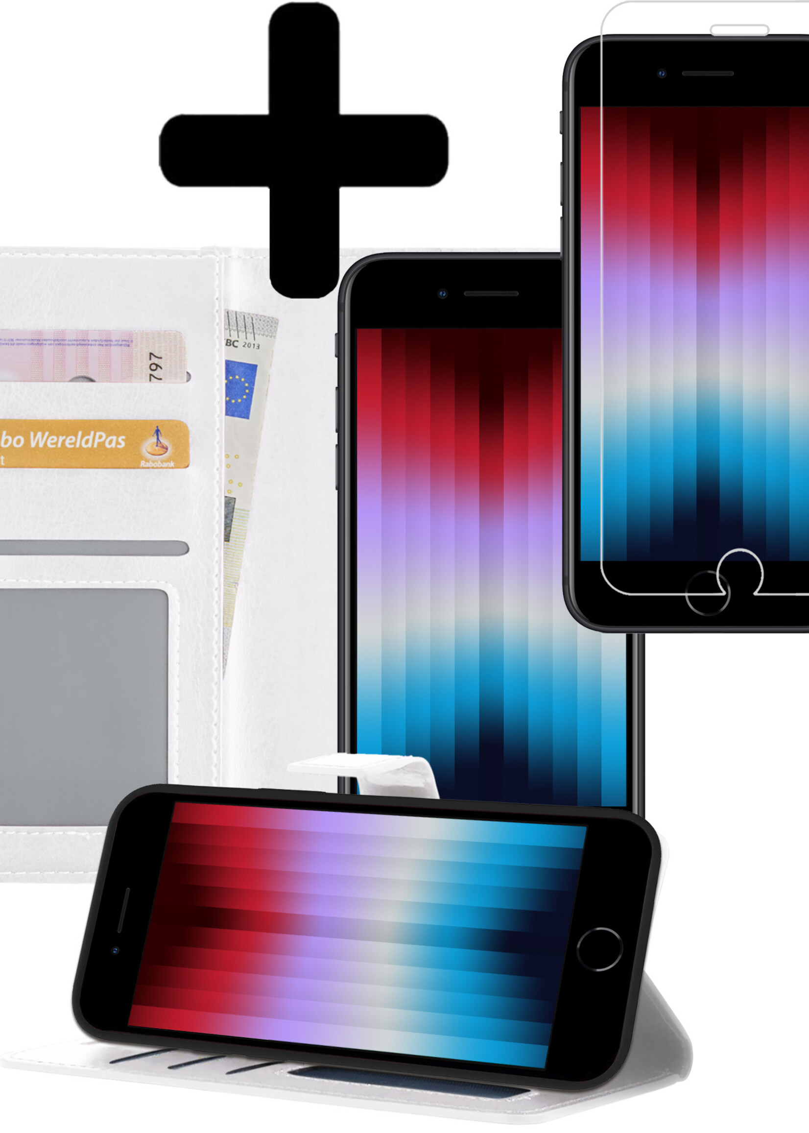 LUQ Hoesje Geschikt voor iPhone SE 2022 Hoesje Book Case Hoes Wallet Cover Met Screenprotector - Hoes Geschikt voor iPhone SE (2022) Hoesje Bookcase Hoes - Wit