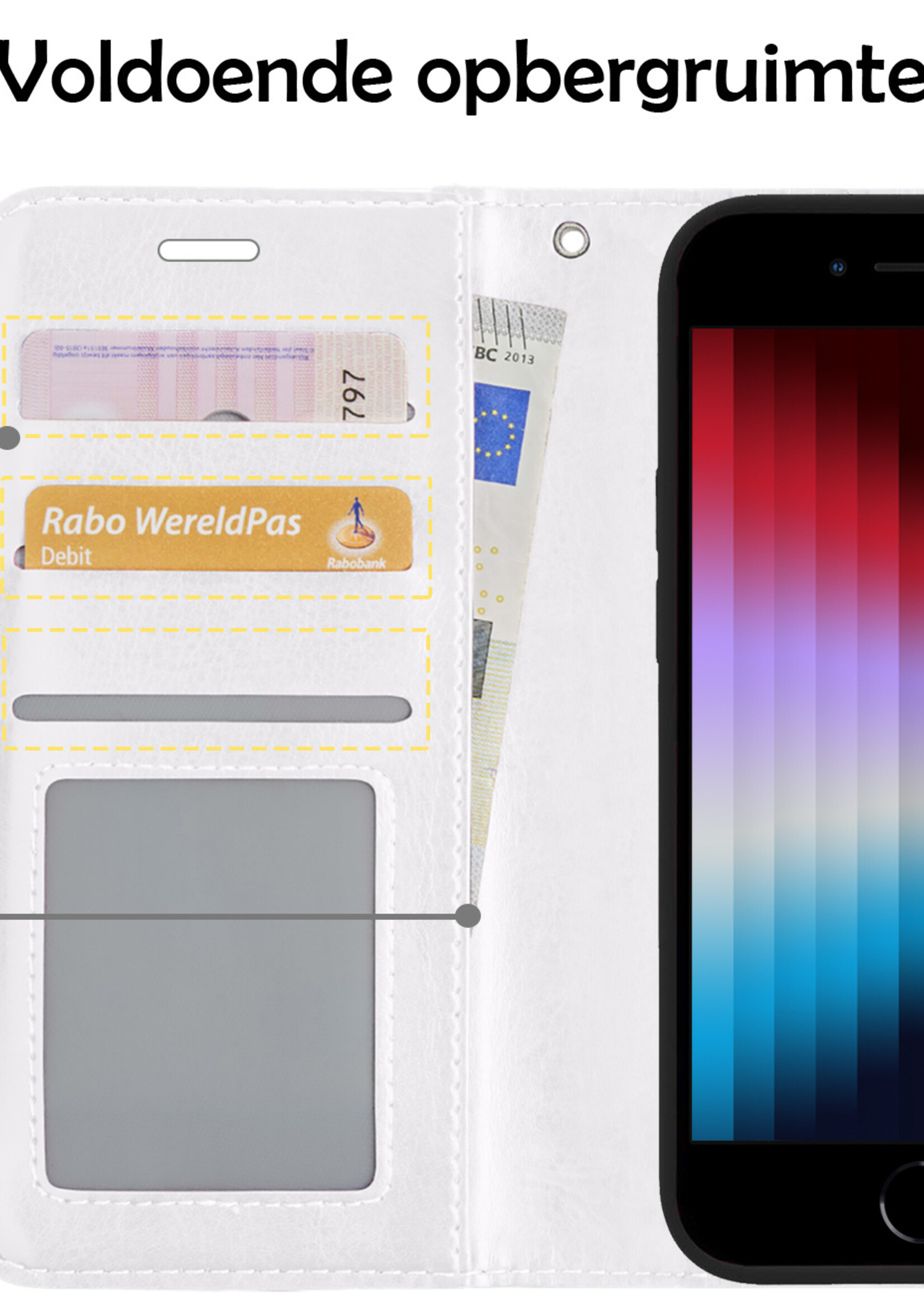 LUQ Hoesje Geschikt voor iPhone SE 2022 Hoesje Book Case Hoes Wallet Cover Met Screenprotector - Hoes Geschikt voor iPhone SE (2022) Hoesje Bookcase Hoes - Wit