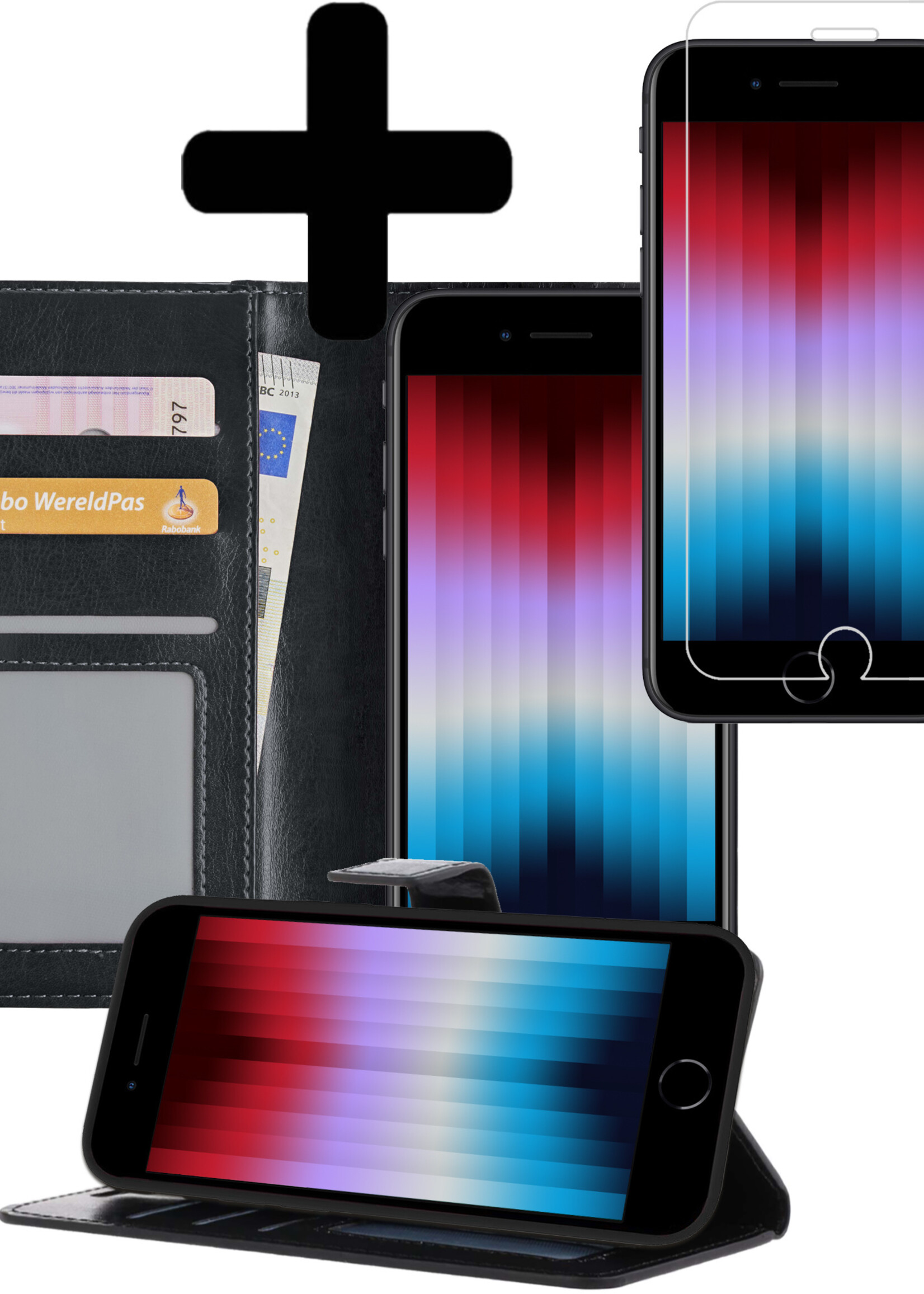 LUQ Hoesje Geschikt voor iPhone SE 2022 Hoesje Book Case Hoes Wallet Cover Met Screenprotector - Hoes Geschikt voor iPhone SE (2022) Hoesje Bookcase Hoes - Zwart