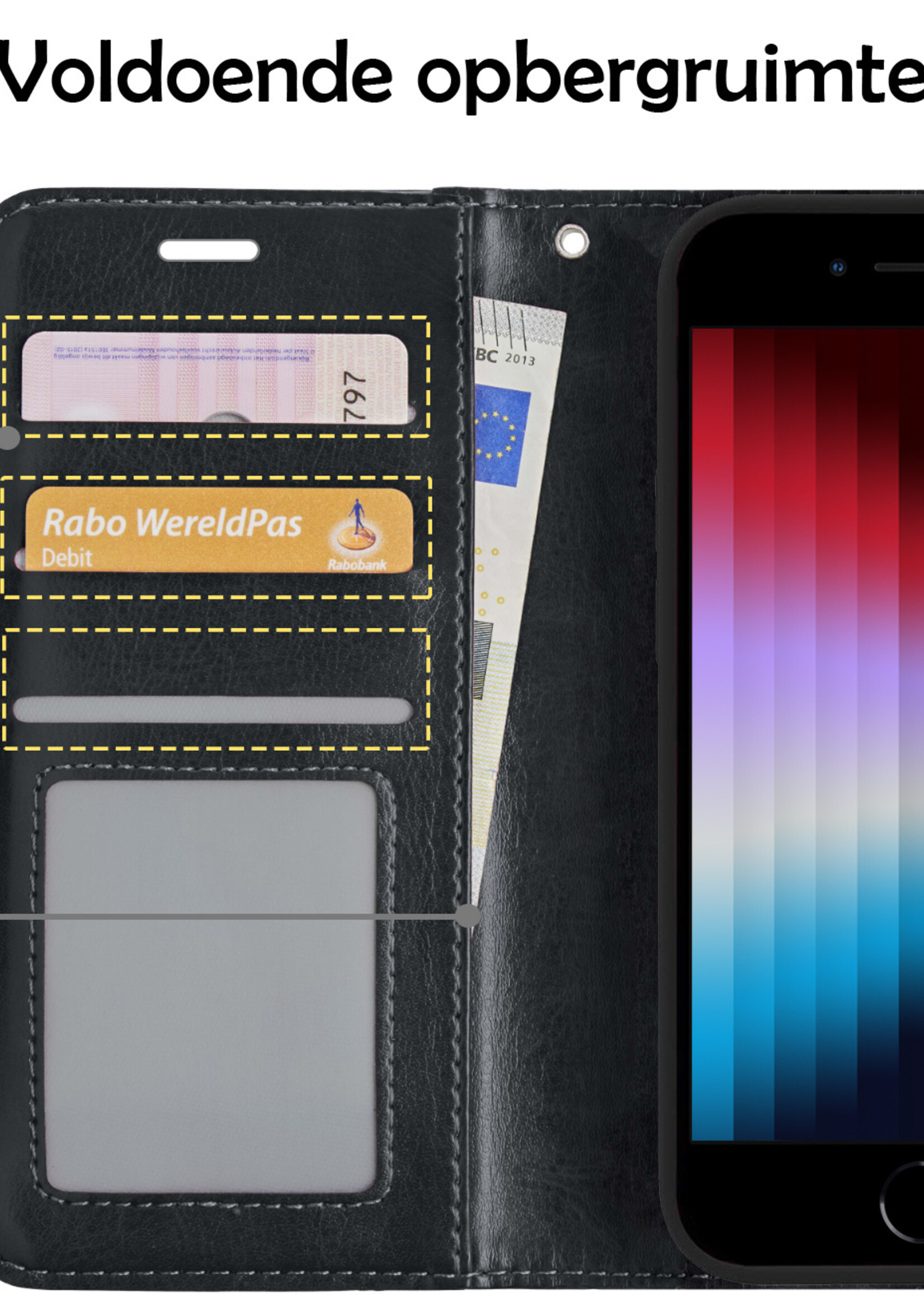 LUQ Hoesje Geschikt voor iPhone SE 2022 Hoesje Book Case Hoes Wallet Cover Met Screenprotector - Hoes Geschikt voor iPhone SE (2022) Hoesje Bookcase Hoes - Zwart