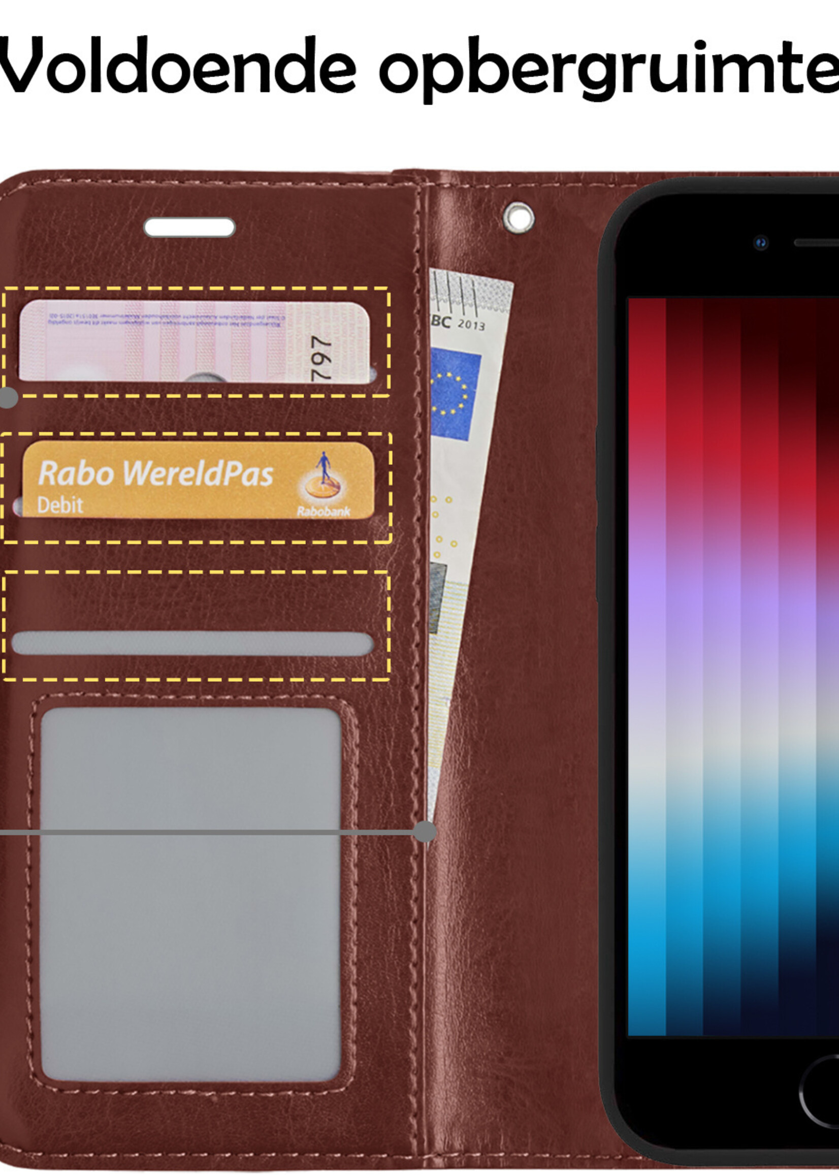 LUQ Hoesje Geschikt voor iPhone SE 2022 Hoesje Book Case Hoes Wallet Cover Met 2x Screenprotector - Hoes Geschikt voor iPhone SE (2022) Hoesje Bookcase Hoes - Bruin