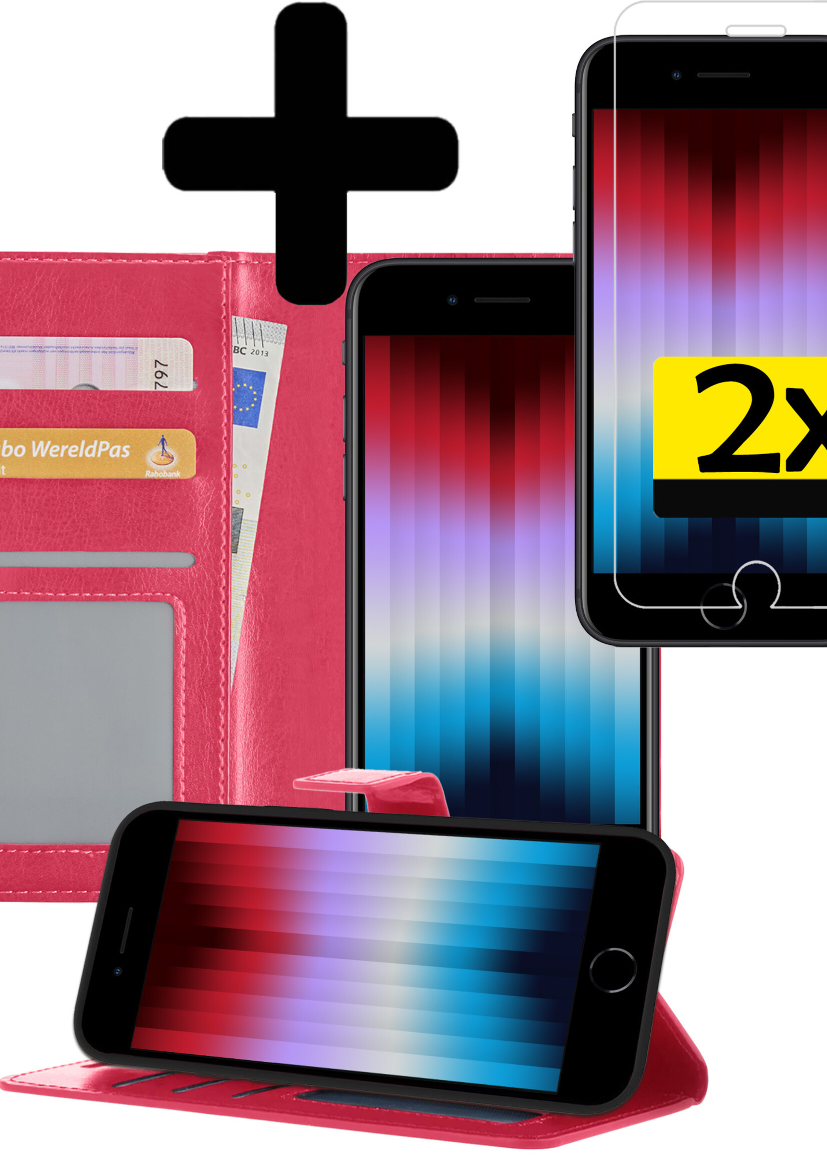 LUQ Hoesje Geschikt voor iPhone SE 2022 Hoesje Book Case Hoes Wallet Cover Met 2x Screenprotector - Hoes Geschikt voor iPhone SE (2022) Hoesje Bookcase Hoes - Donkerroze
