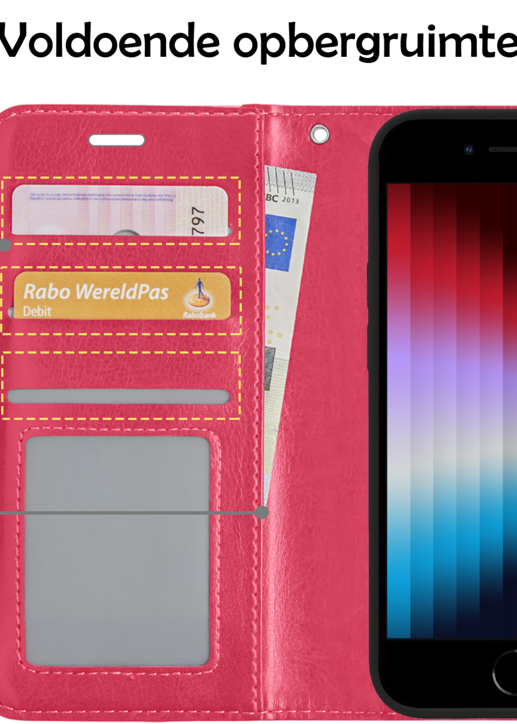 LUQ Hoesje Geschikt voor iPhone SE 2022 Hoesje Book Case Hoes Wallet Cover Met 2x Screenprotector - Hoes Geschikt voor iPhone SE (2022) Hoesje Bookcase Hoes - Donkerroze