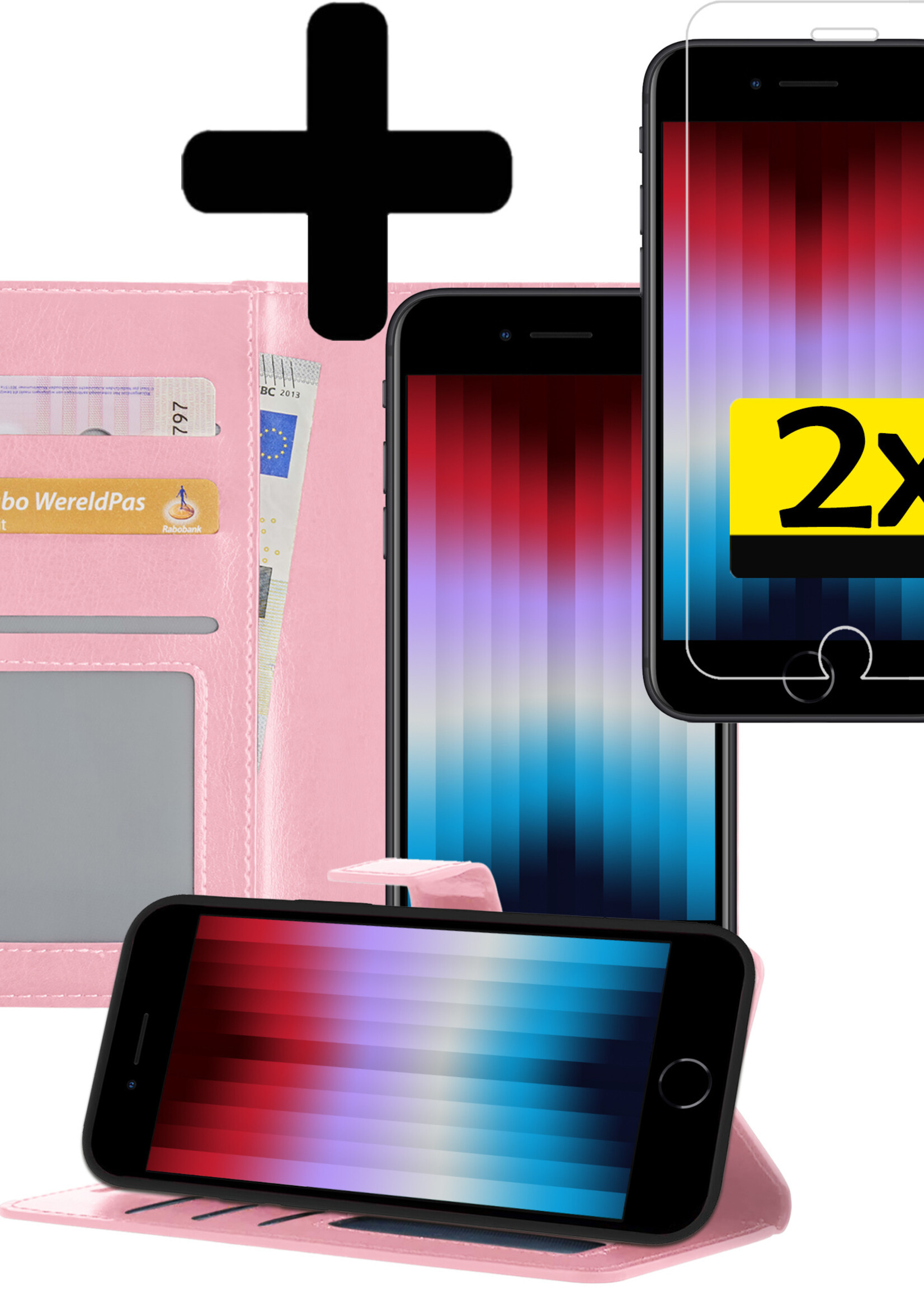 LUQ Hoesje Geschikt voor iPhone SE 2022 Hoesje Book Case Hoes Wallet Cover Met 2x Screenprotector - Hoes Geschikt voor iPhone SE (2022) Hoesje Bookcase Hoes - Lichtroze