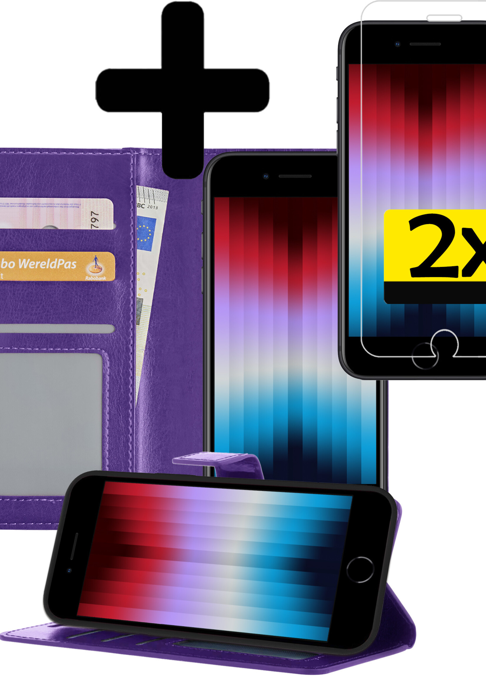LUQ Hoesje Geschikt voor iPhone SE 2022 Hoesje Book Case Hoes Wallet Cover Met 2x Screenprotector - Hoes Geschikt voor iPhone SE (2022) Hoesje Bookcase Hoes - Paars