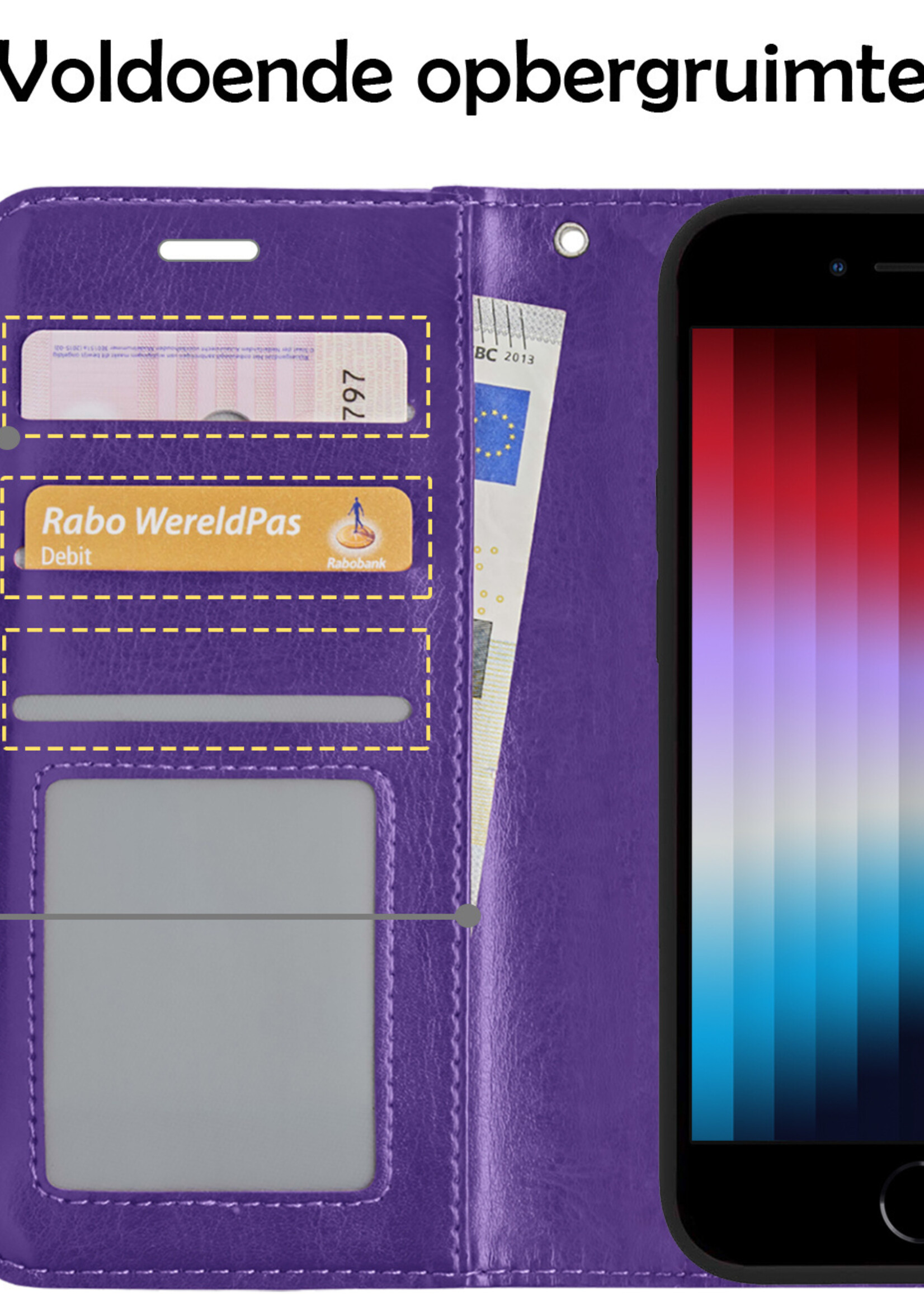 LUQ Hoesje Geschikt voor iPhone SE 2022 Hoesje Book Case Hoes Wallet Cover Met 2x Screenprotector - Hoes Geschikt voor iPhone SE (2022) Hoesje Bookcase Hoes - Paars