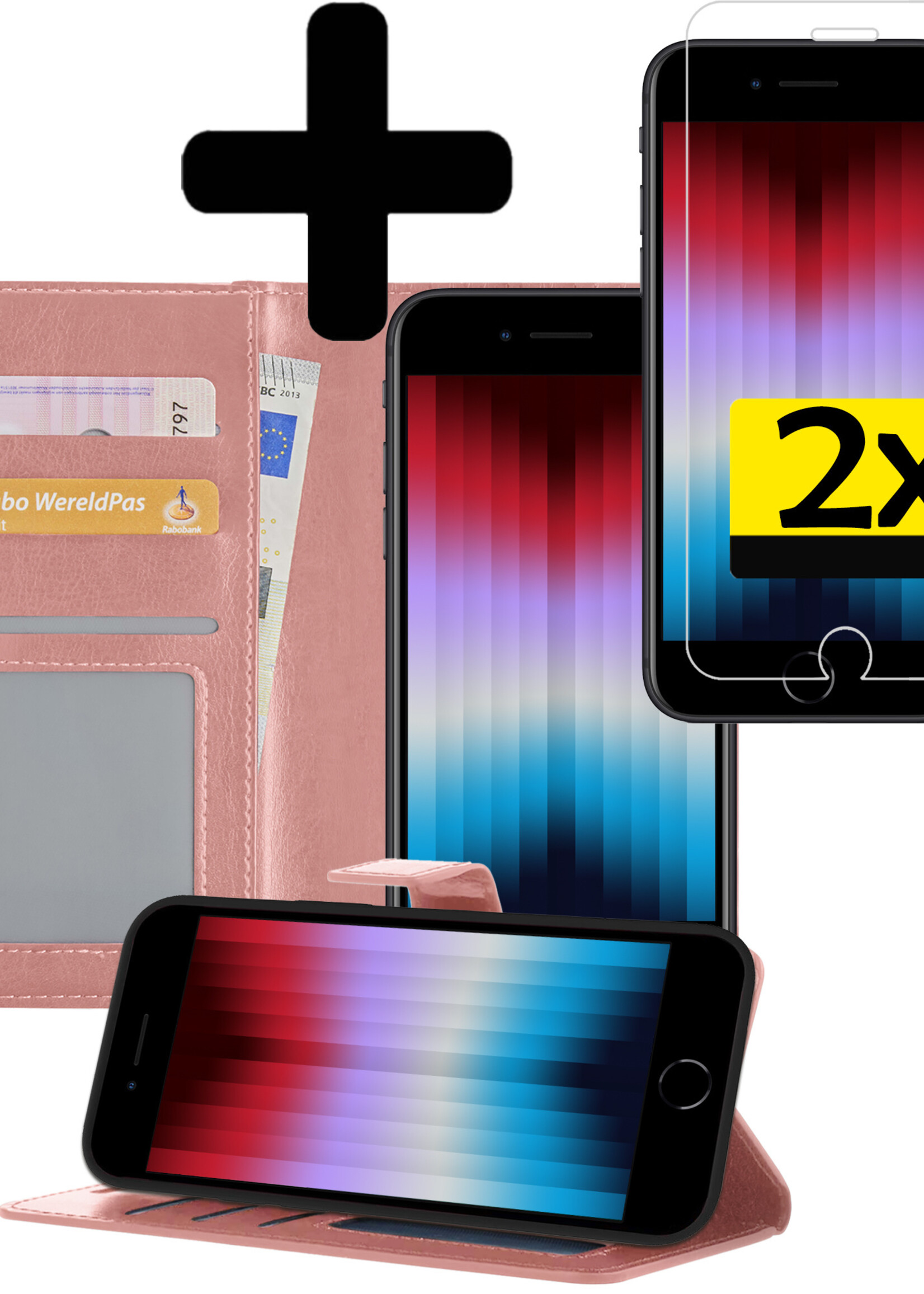 LUQ Hoesje Geschikt voor iPhone SE 2022 Hoesje Book Case Hoes Wallet Cover Met 2x Screenprotector - Hoes Geschikt voor iPhone SE (2022) Hoesje Bookcase Hoes - Rosé goud
