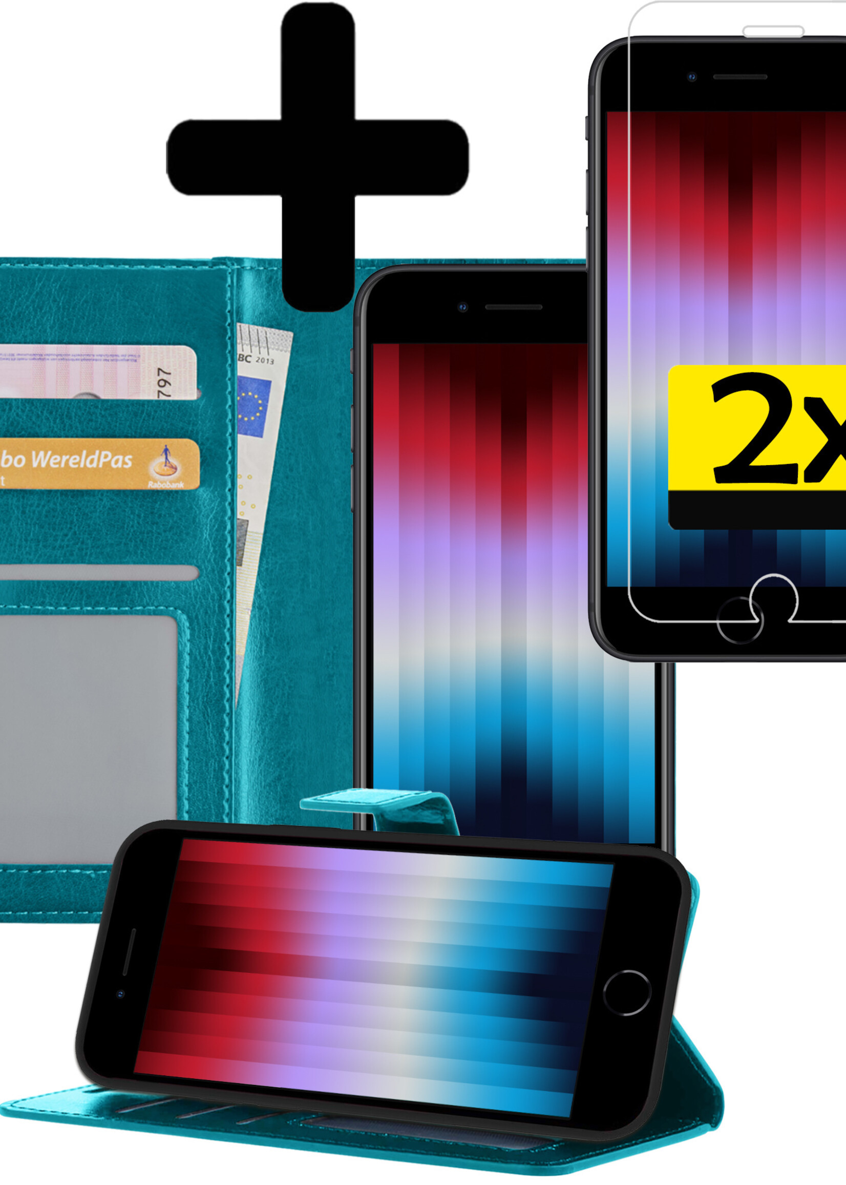 LUQ Hoesje Geschikt voor iPhone SE 2022 Hoesje Book Case Hoes Wallet Cover Met 2x Screenprotector - Hoes Geschikt voor iPhone SE (2022) Hoesje Bookcase Hoes - Turquoise