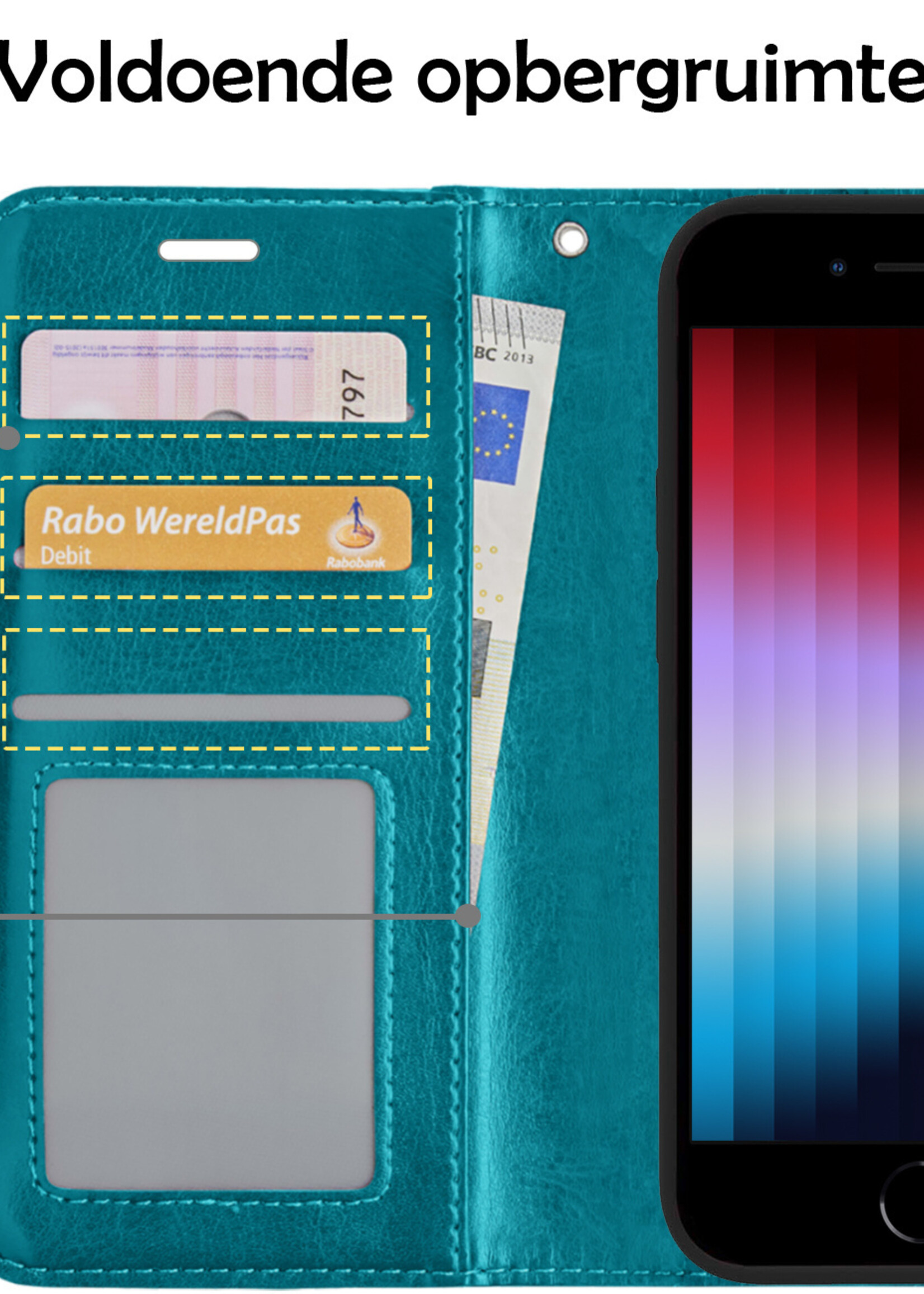LUQ Hoesje Geschikt voor iPhone SE 2022 Hoesje Book Case Hoes Wallet Cover Met 2x Screenprotector - Hoes Geschikt voor iPhone SE (2022) Hoesje Bookcase Hoes - Turquoise