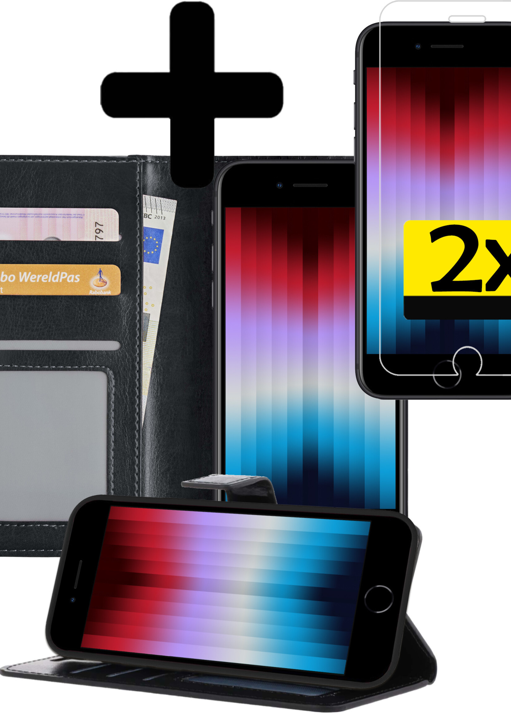 LUQ Hoesje Geschikt voor iPhone SE 2022 Hoesje Book Case Hoes Wallet Cover Met 2x Screenprotector - Hoes Geschikt voor iPhone SE (2022) Hoesje Bookcase Hoes - Zwart