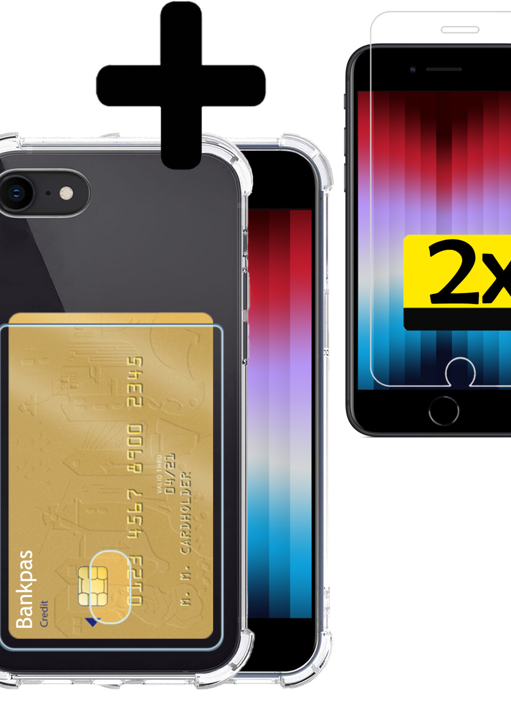 LUQ Hoesje Geschikt voor iPhone SE 2022 Hoesje Case Pashouder Cover Siliconen Met 2x Screenprotector - Hoes Geschikt voor iPhone SE (2022) Hoesje Met Kaarthouder- Transparant
