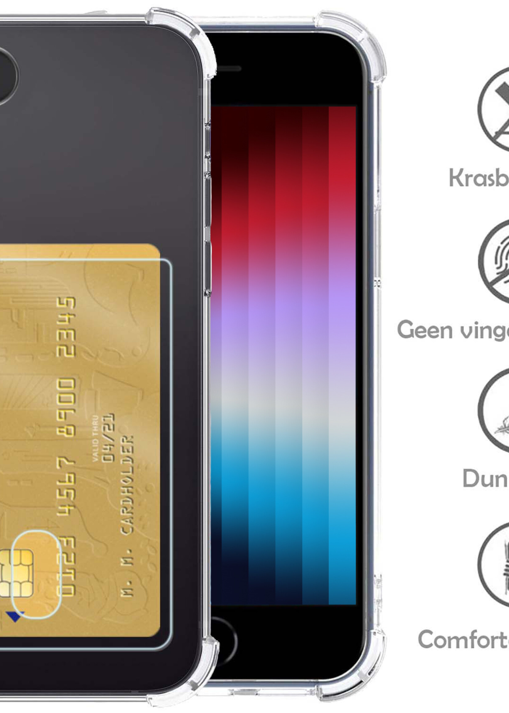 LUQ Hoesje Geschikt voor iPhone SE 2022 Hoesje Case Pashouder Cover Siliconen Met 2x Screenprotector - Hoes Geschikt voor iPhone SE (2022) Hoesje Met Kaarthouder- Transparant
