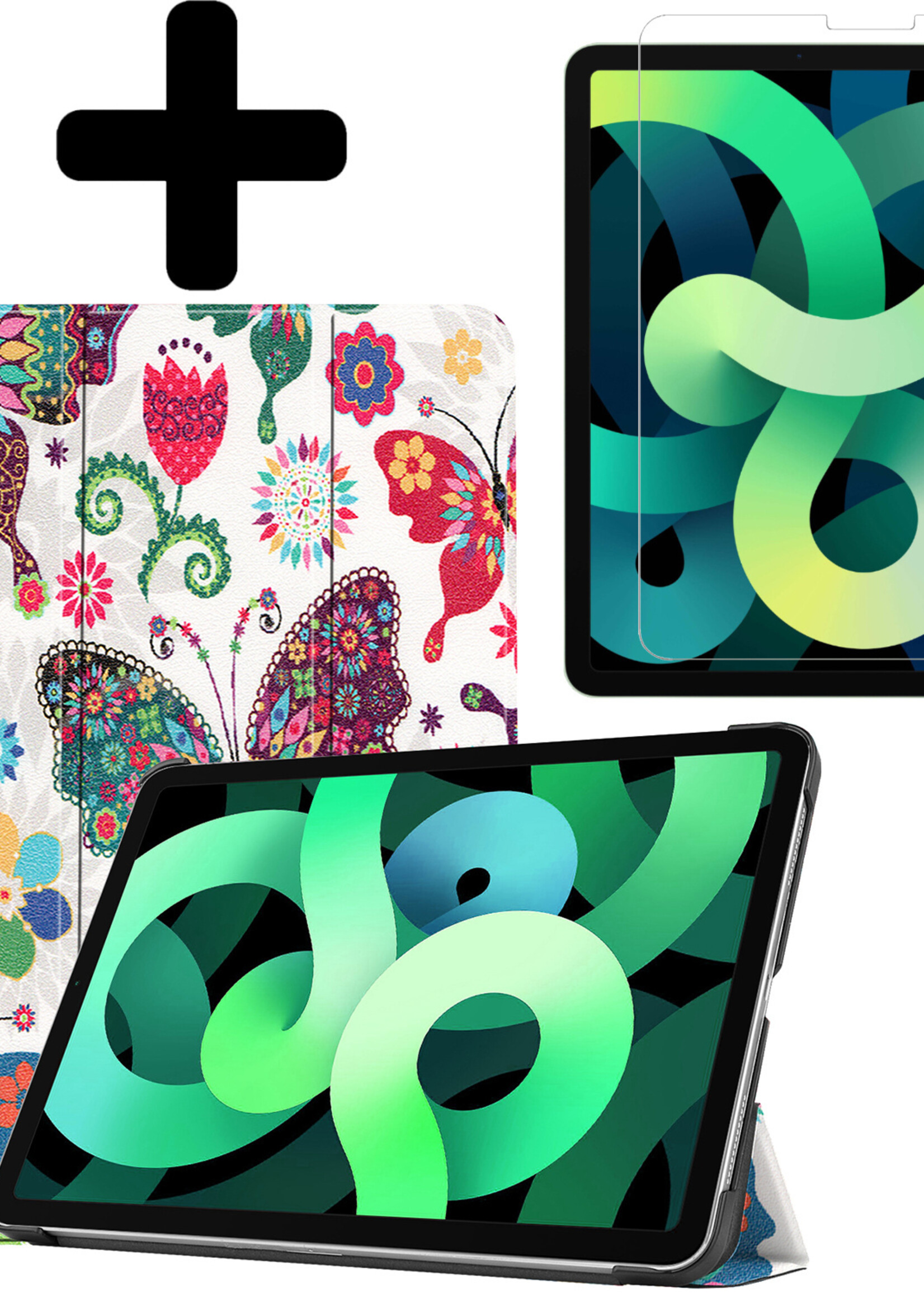 LUQ Hoes Geschikt voor iPad Air 2022 Hoes Luxe Hoesje Book Case Met Screenprotector - Hoesje Geschikt voor iPad Air 5 2022 Hoes Cover - Vlinders