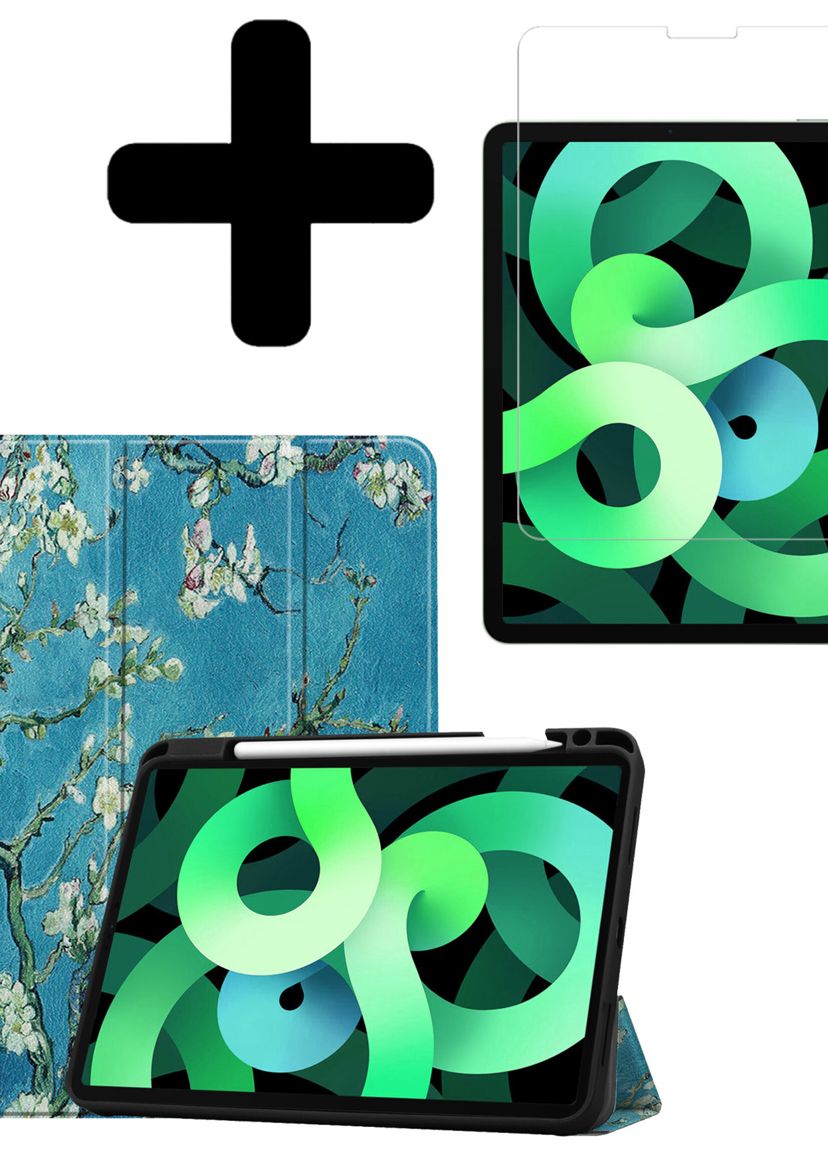 LUQ Hoes Geschikt voor iPad Air 2022 Hoes Luxe Hoesje Case Met Uitsparing Geschikt voor Apple Pencil Met Screenprotector - Hoesje Geschikt voor iPad Air 5 2022 Hoes Cover - Bloesem
