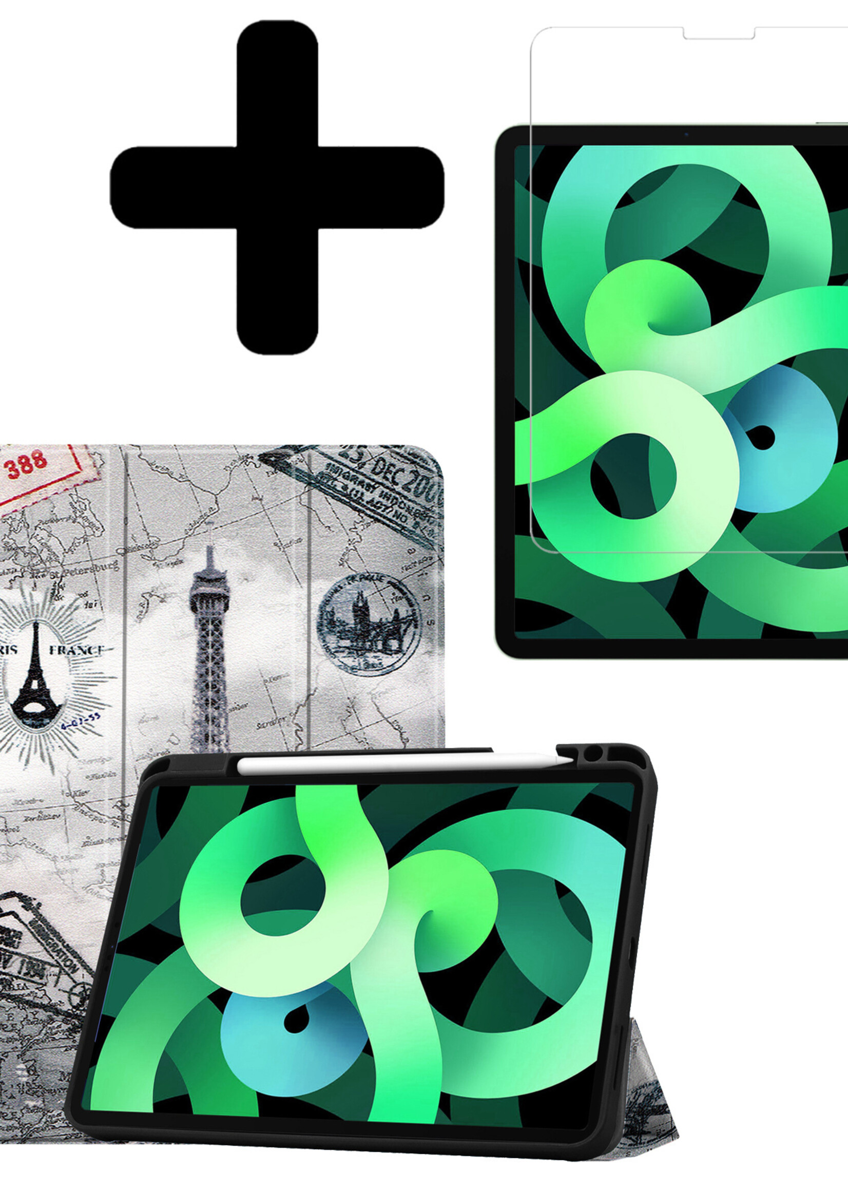 LUQ Hoes Geschikt voor iPad Air 2022 Hoes Luxe Hoesje Case Met Uitsparing Geschikt voor Apple Pencil Met Screenprotector - Hoesje Geschikt voor iPad Air 5 2022 Hoes Cover - Eiffeltoren