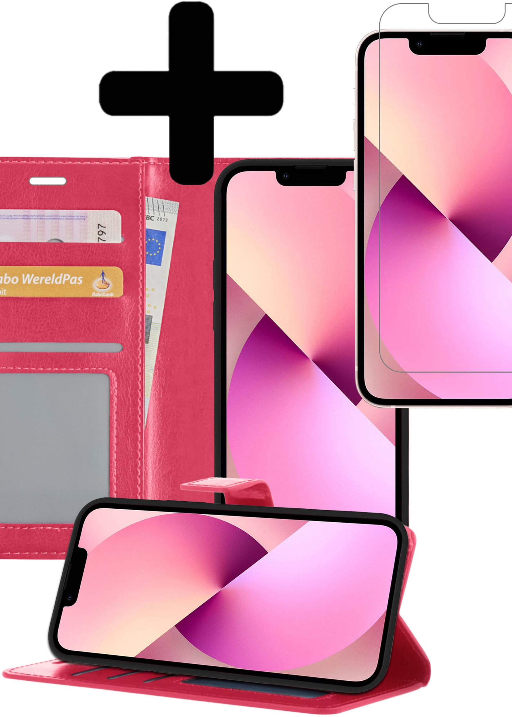 LUQ Hoesje Geschikt voor iPhone 13 Mini Hoesje Book Case Hoes Wallet Cover Met Screenprotector - Hoes Geschikt voor iPhone 13 Mini Hoesje Bookcase Hoes - Donkerroze