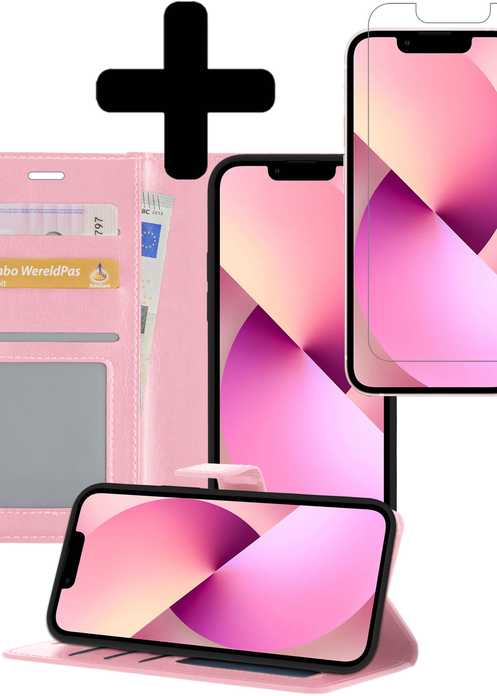 LUQ Hoesje Geschikt voor iPhone 13 Mini Hoesje Book Case Hoes Wallet Cover Met Screenprotector - Hoes Geschikt voor iPhone 13 Mini Hoesje Bookcase Hoes - Lichtroze