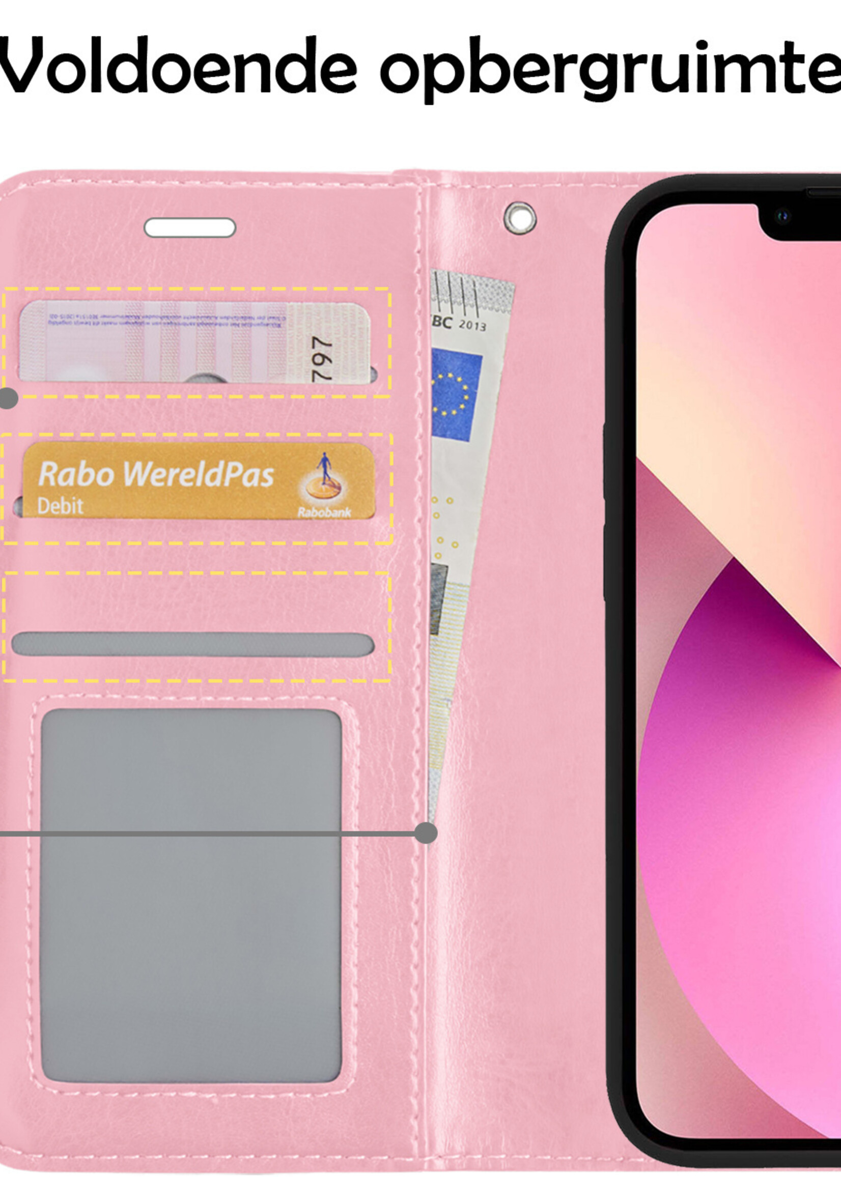 LUQ Hoesje Geschikt voor iPhone 13 Mini Hoesje Book Case Hoes Wallet Cover Met 2x Screenprotector - Hoes Geschikt voor iPhone 13 Mini Hoesje Bookcase Hoes - Lichtroze