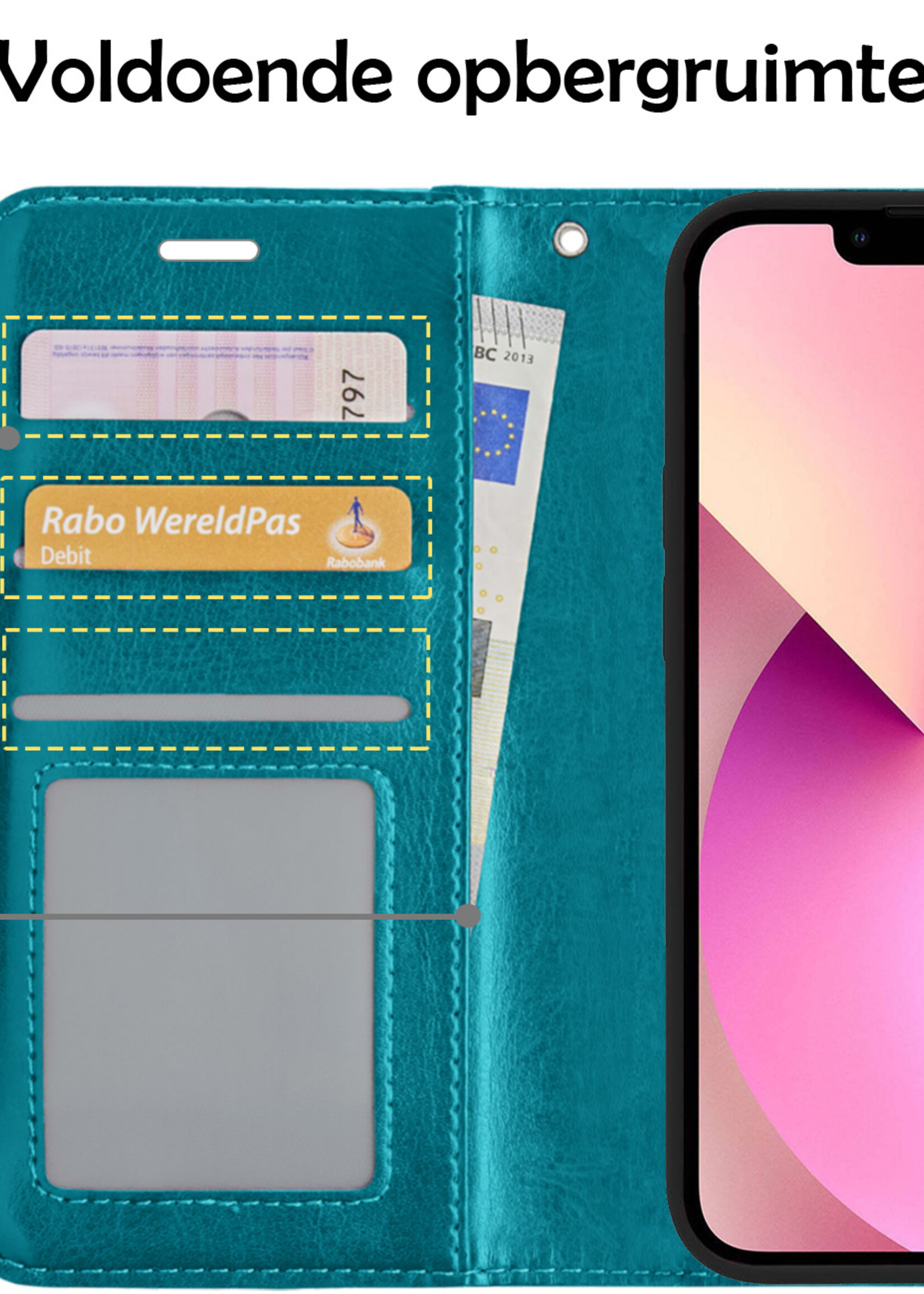 LUQ Hoesje Geschikt voor iPhone 13 Mini Hoesje Book Case Hoes Wallet Cover Met 2x Screenprotector - Hoes Geschikt voor iPhone 13 Mini Hoesje Bookcase Hoes - Turquoise