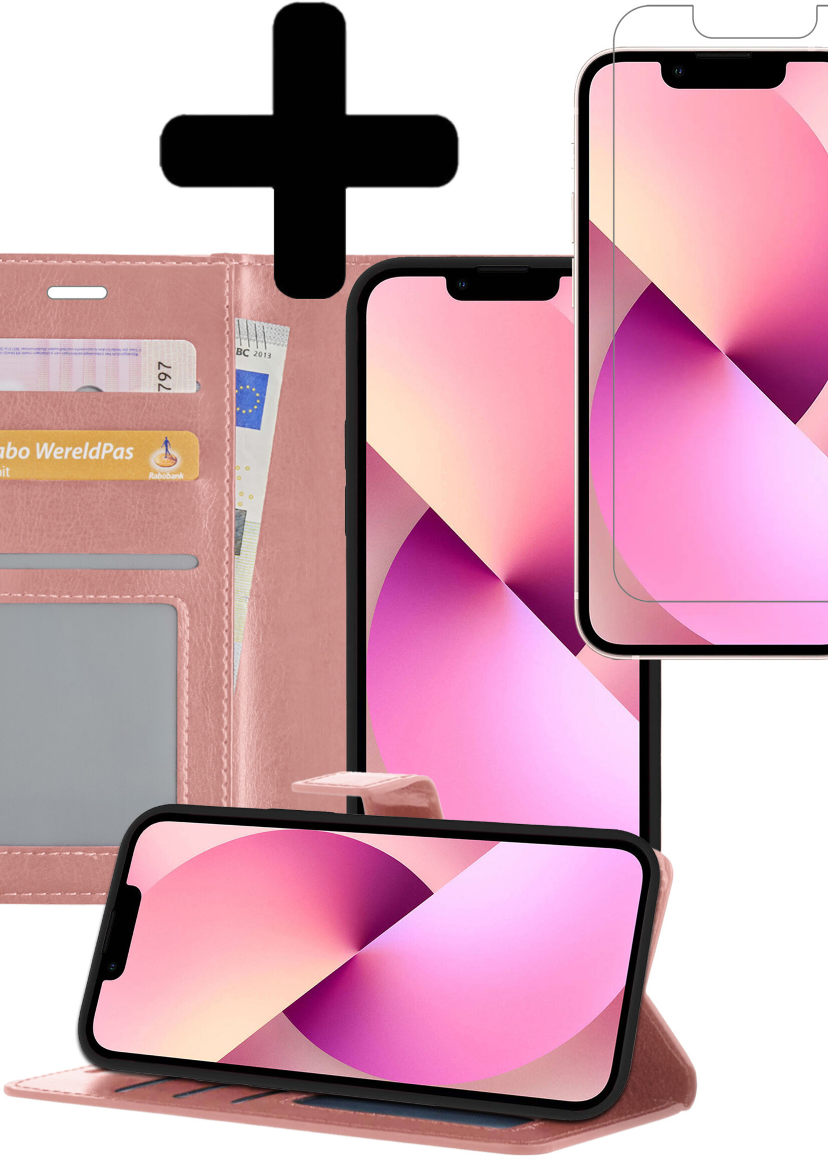 LUQ Hoesje Geschikt voor iPhone 13 Hoesje Book Case Hoes Wallet Cover Met Screenprotector - Hoes Geschikt voor iPhone 13 Hoesje Bookcase Hoes - Rosé goud