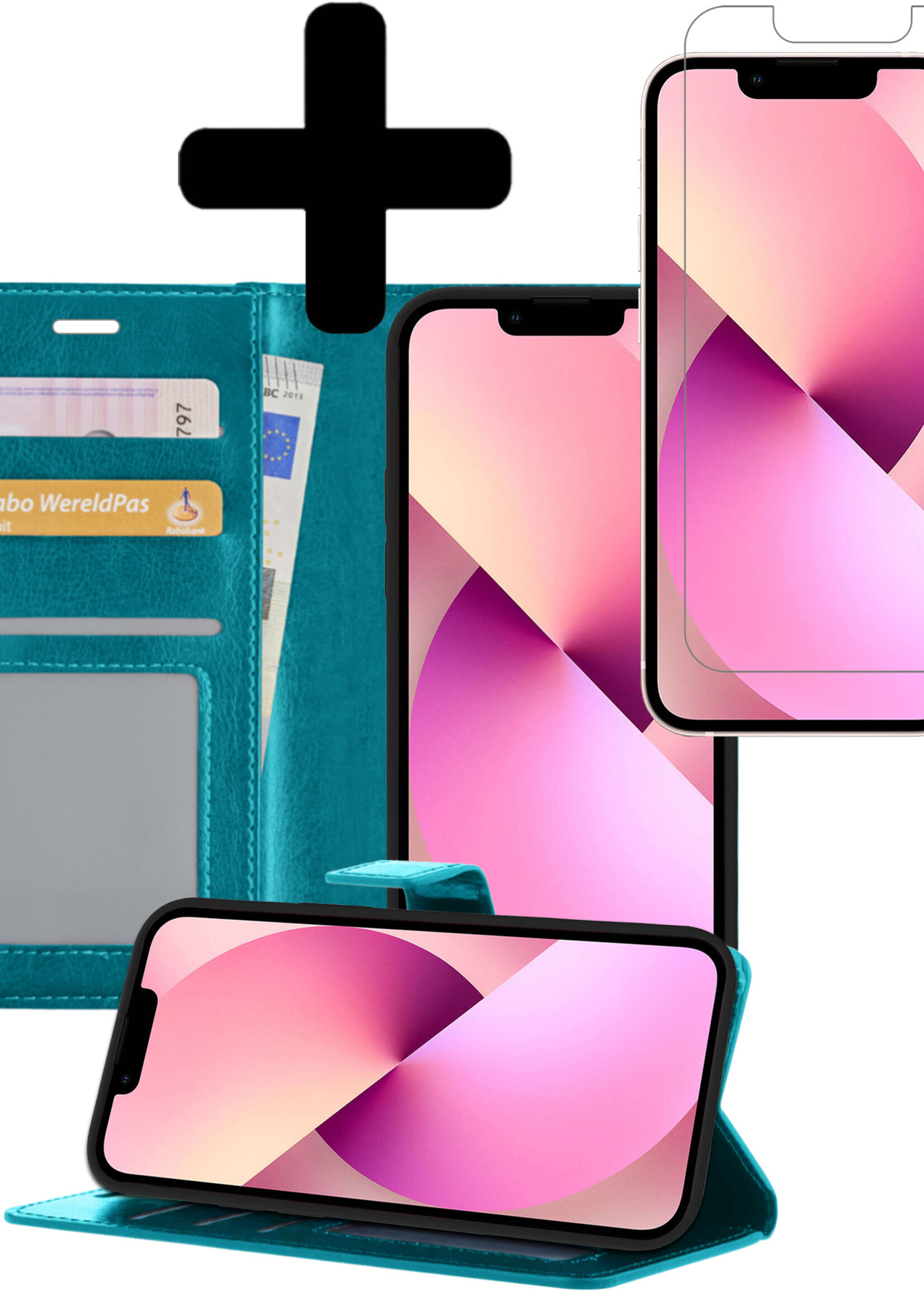 LUQ Hoesje Geschikt voor iPhone 13 Hoesje Book Case Hoes Wallet Cover Met Screenprotector - Hoes Geschikt voor iPhone 13 Hoesje Bookcase Hoes - Turquoise
