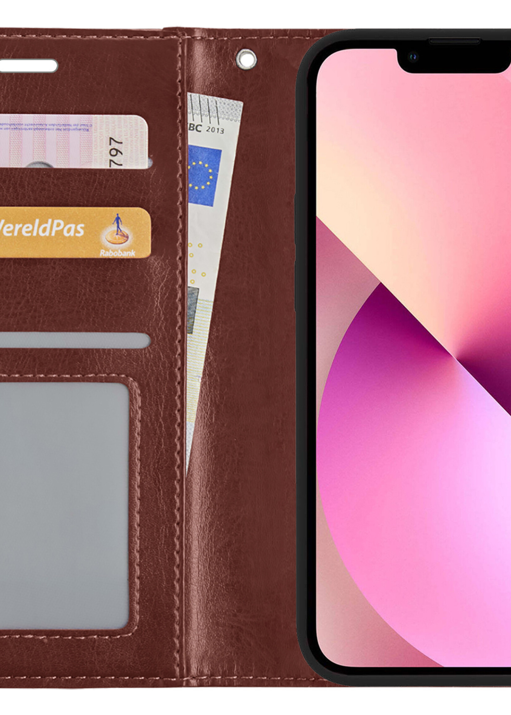 LUQ Hoesje Geschikt voor iPhone 13 Hoesje Book Case Hoes Wallet Cover Met 2x Screenprotector - Hoes Geschikt voor iPhone 13 Hoesje Bookcase Hoes - Bruin