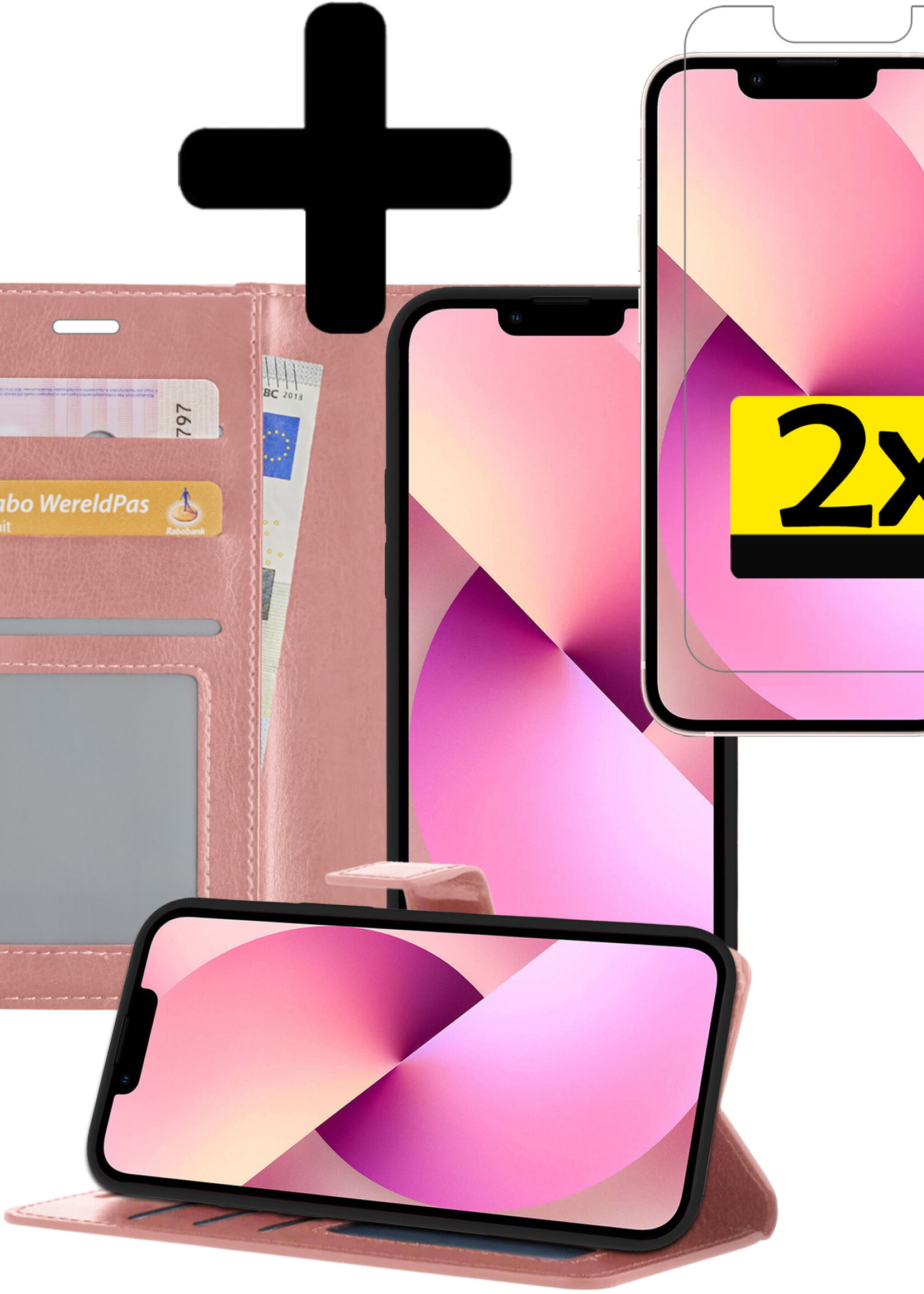 LUQ Hoesje Geschikt voor iPhone 13 Hoesje Book Case Hoes Wallet Cover Met 2x Screenprotector - Hoes Geschikt voor iPhone 13 Hoesje Bookcase Hoes - Rosé goud