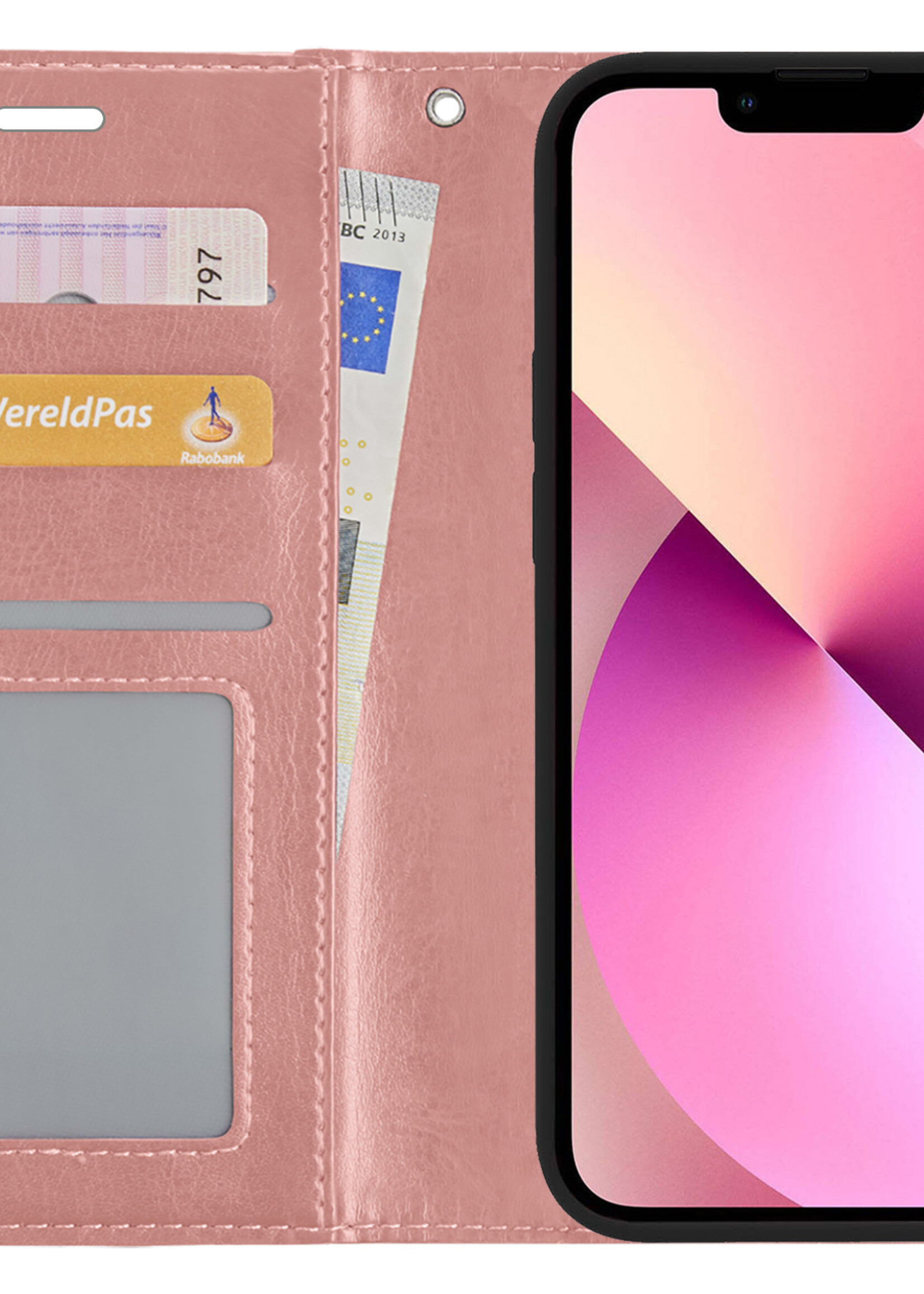 LUQ Hoesje Geschikt voor iPhone 13 Hoesje Book Case Hoes Wallet Cover Met 2x Screenprotector - Hoes Geschikt voor iPhone 13 Hoesje Bookcase Hoes - Rosé goud
