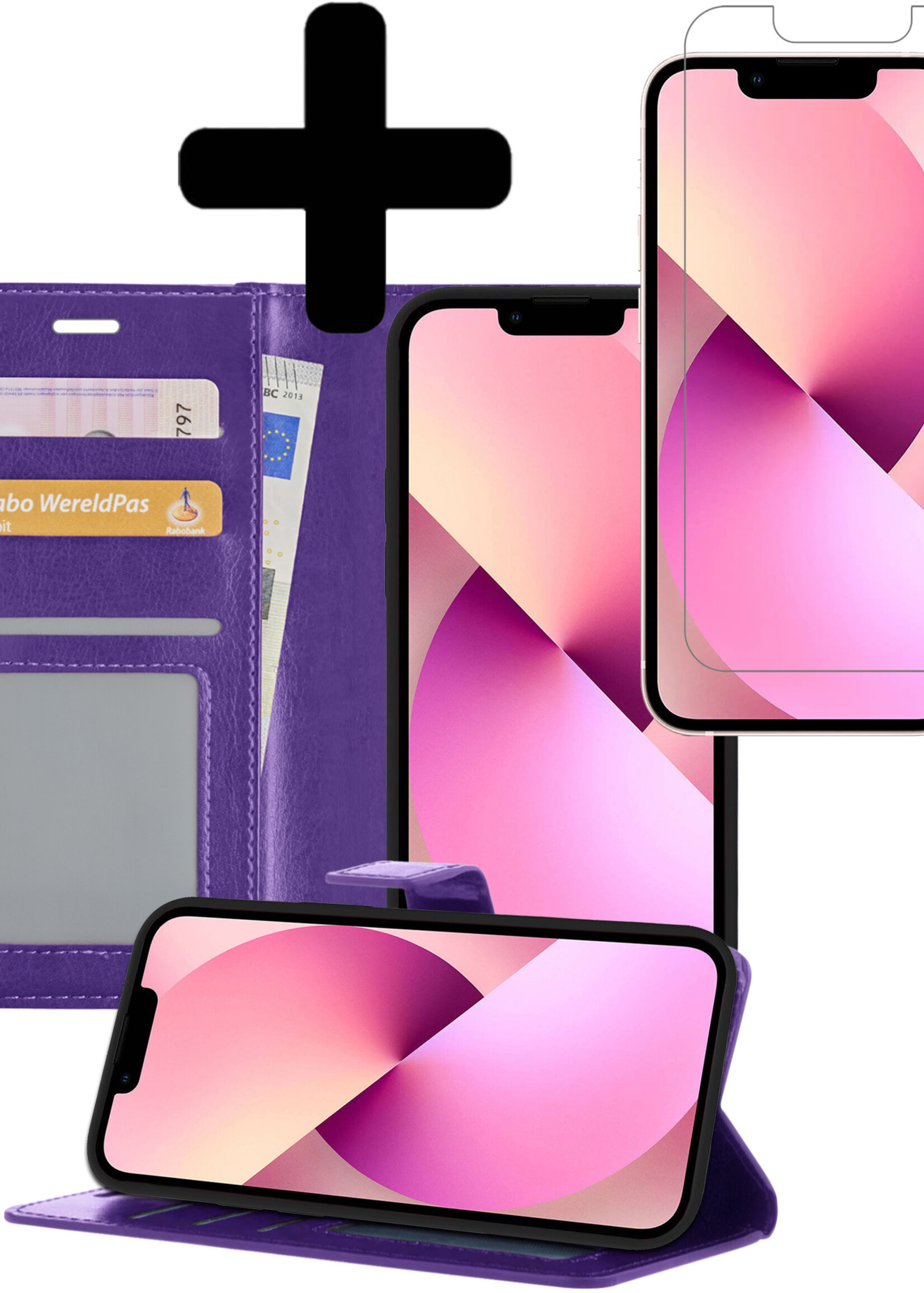 LUQ Hoesje Geschikt voor iPhone 13 Pro Hoesje Book Case Hoes Wallet Cover Met Screenprotector - Hoes Geschikt voor iPhone 13 Pro Hoesje Bookcase Hoes - Paars