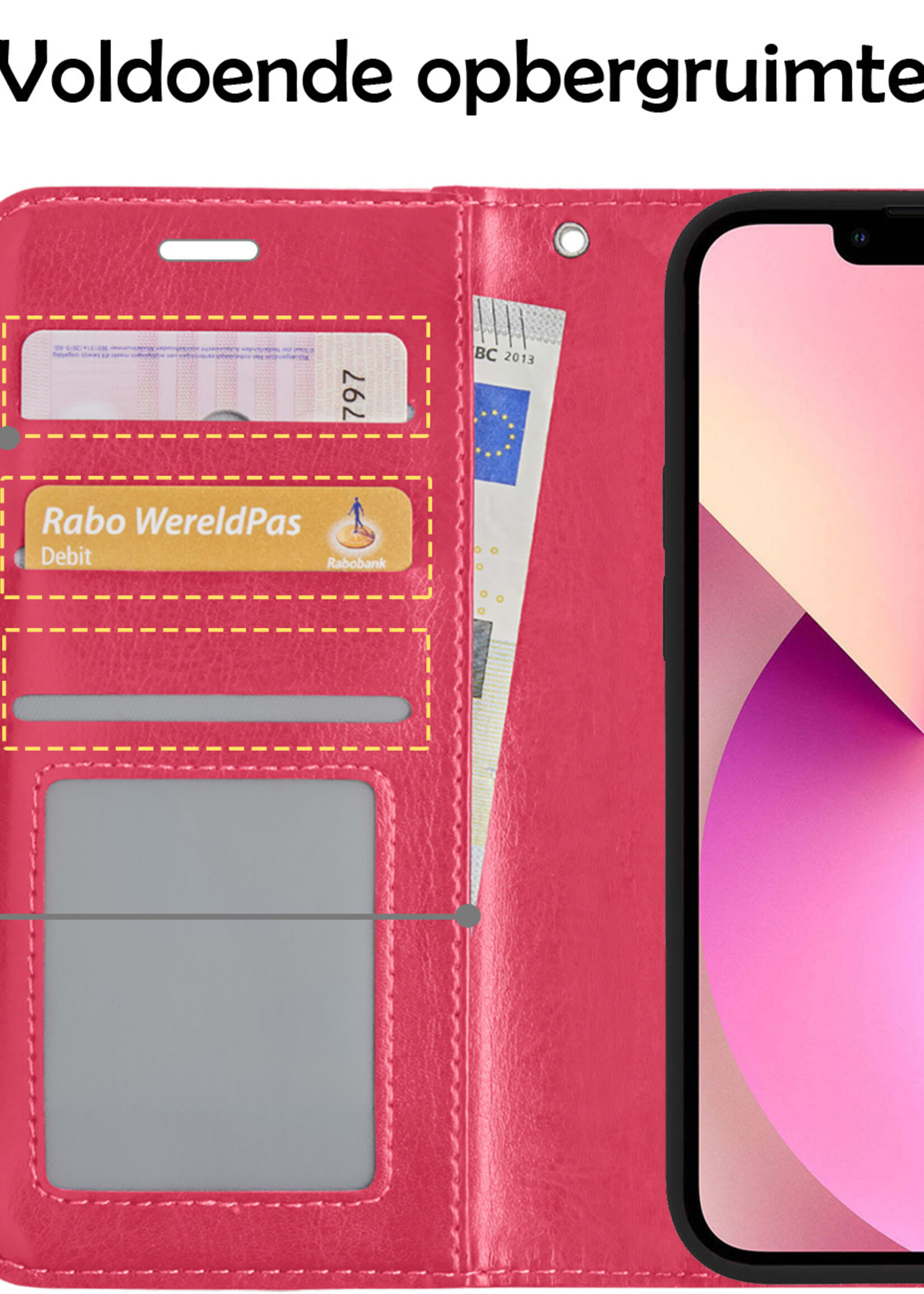LUQ Hoesje Geschikt voor iPhone 13 Pro Hoesje Book Case Hoes Wallet Cover Met 2x Screenprotector - Hoes Geschikt voor iPhone 13 Pro Hoesje Bookcase Hoes - Donkerroze