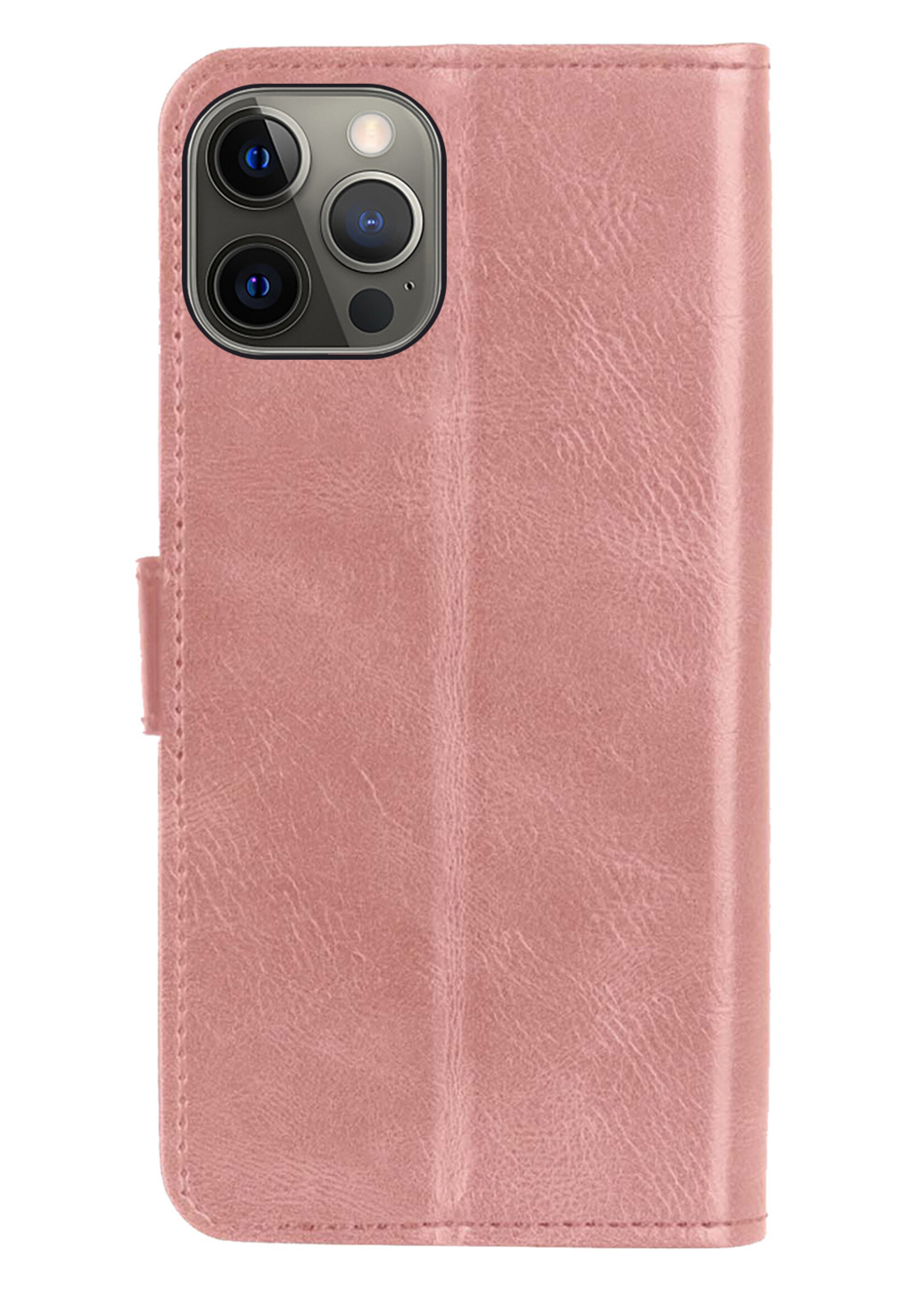 LUQ Hoesje Geschikt voor iPhone 13 Pro Hoesje Book Case Hoes Wallet Cover Met 2x Screenprotector - Hoes Geschikt voor iPhone 13 Pro Hoesje Bookcase Hoes - Rosé goud