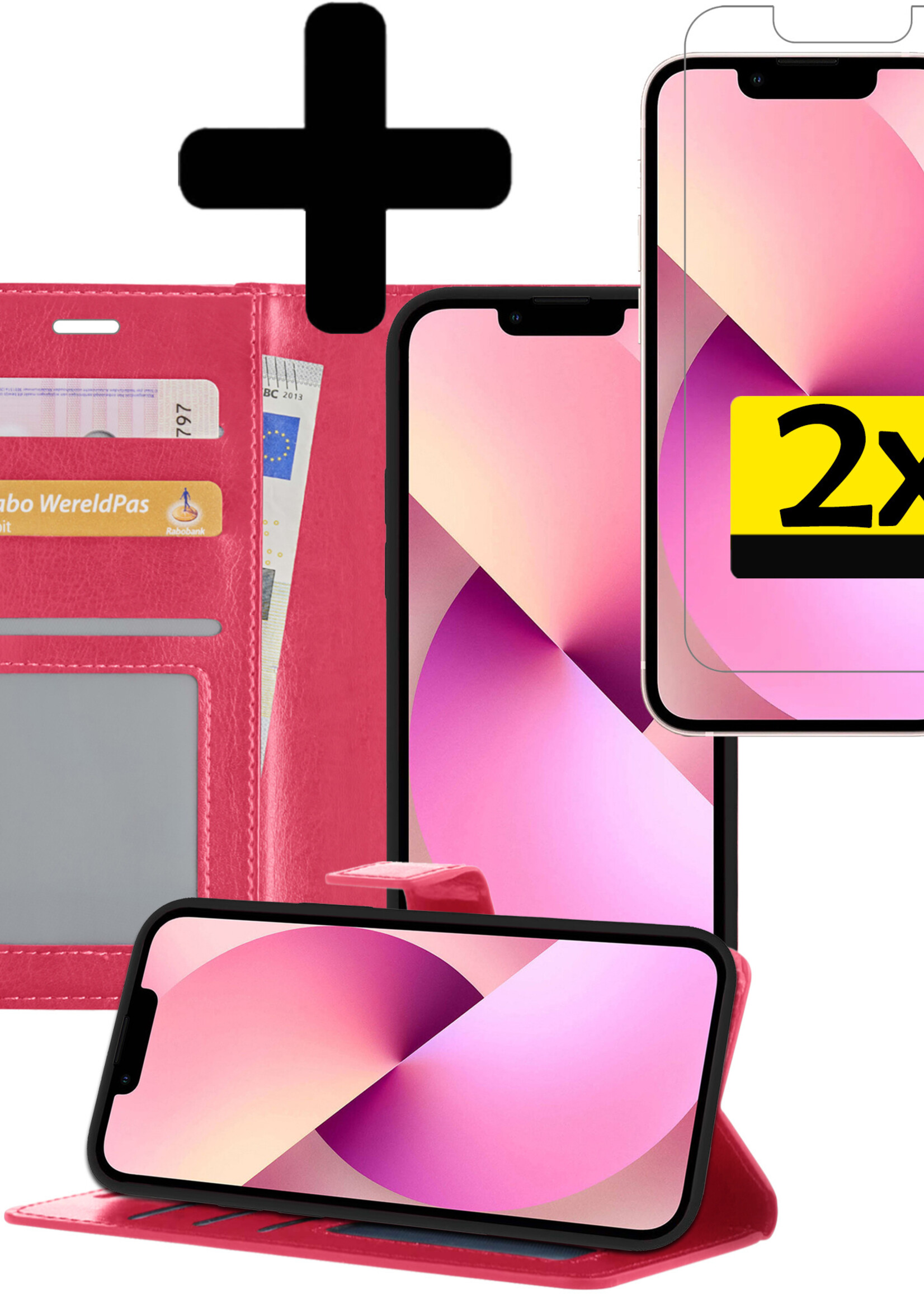 LUQ Hoesje Geschikt voor iPhone 13 Pro Max Hoesje Book Case Hoes Wallet Cover Met 2x Screenprotector - Hoes Geschikt voor iPhone 13 Pro Max Hoesje Bookcase Hoes - Donkerroze