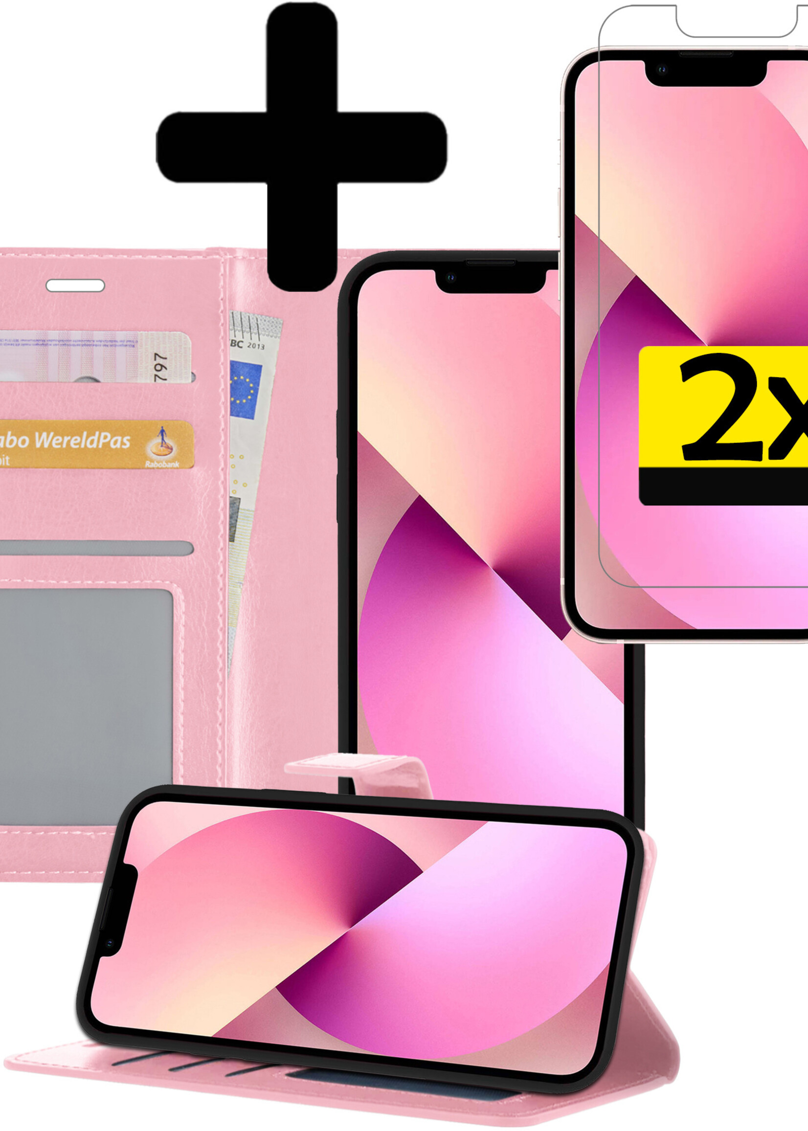 LUQ Hoesje Geschikt voor iPhone 13 Pro Max Hoesje Book Case Hoes Wallet Cover Met 2x Screenprotector - Hoes Geschikt voor iPhone 13 Pro Max Hoesje Bookcase Hoes - Lichtroze