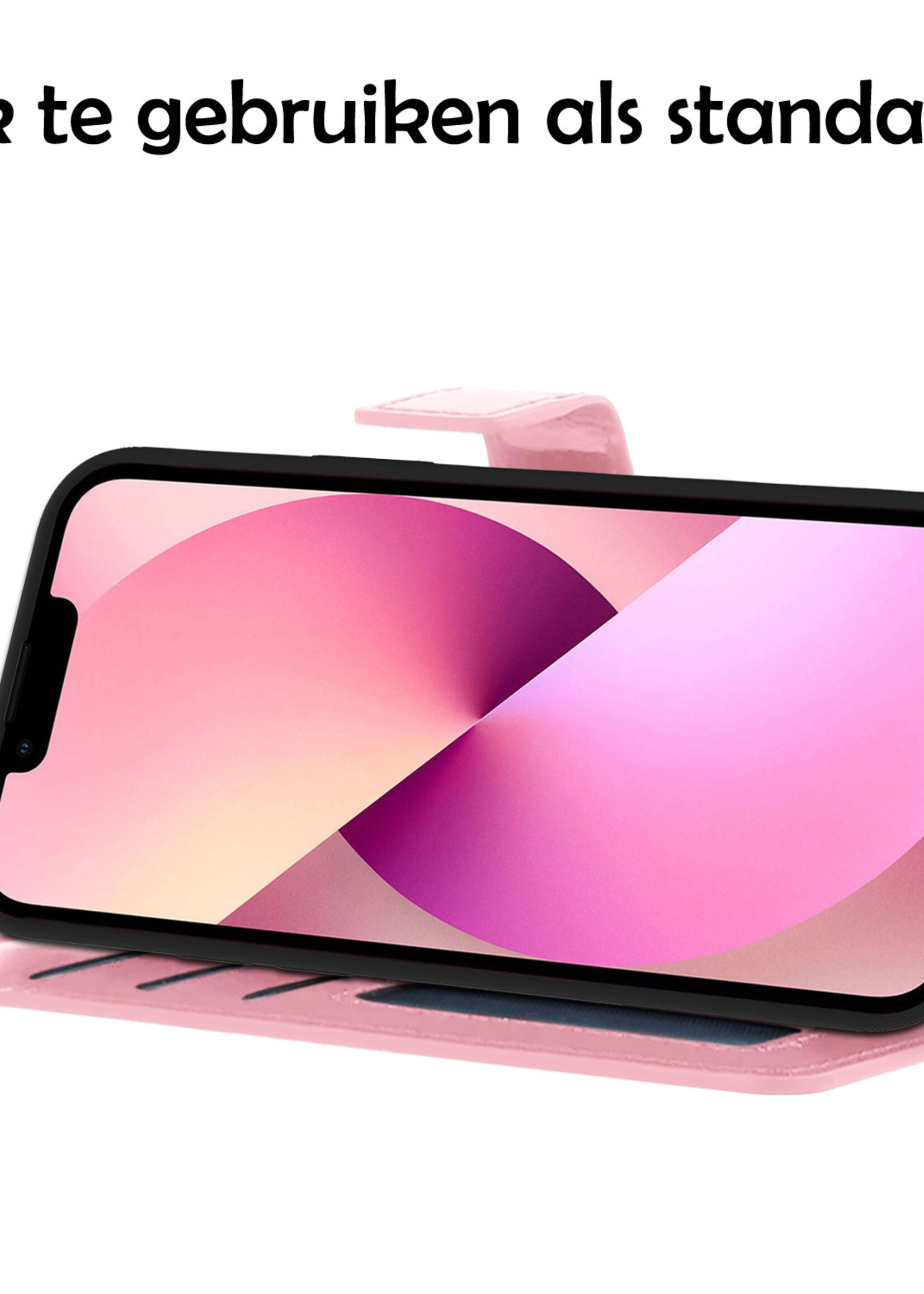 LUQ Hoesje Geschikt voor iPhone 13 Pro Max Hoesje Book Case Hoes Wallet Cover Met 2x Screenprotector - Hoes Geschikt voor iPhone 13 Pro Max Hoesje Bookcase Hoes - Lichtroze