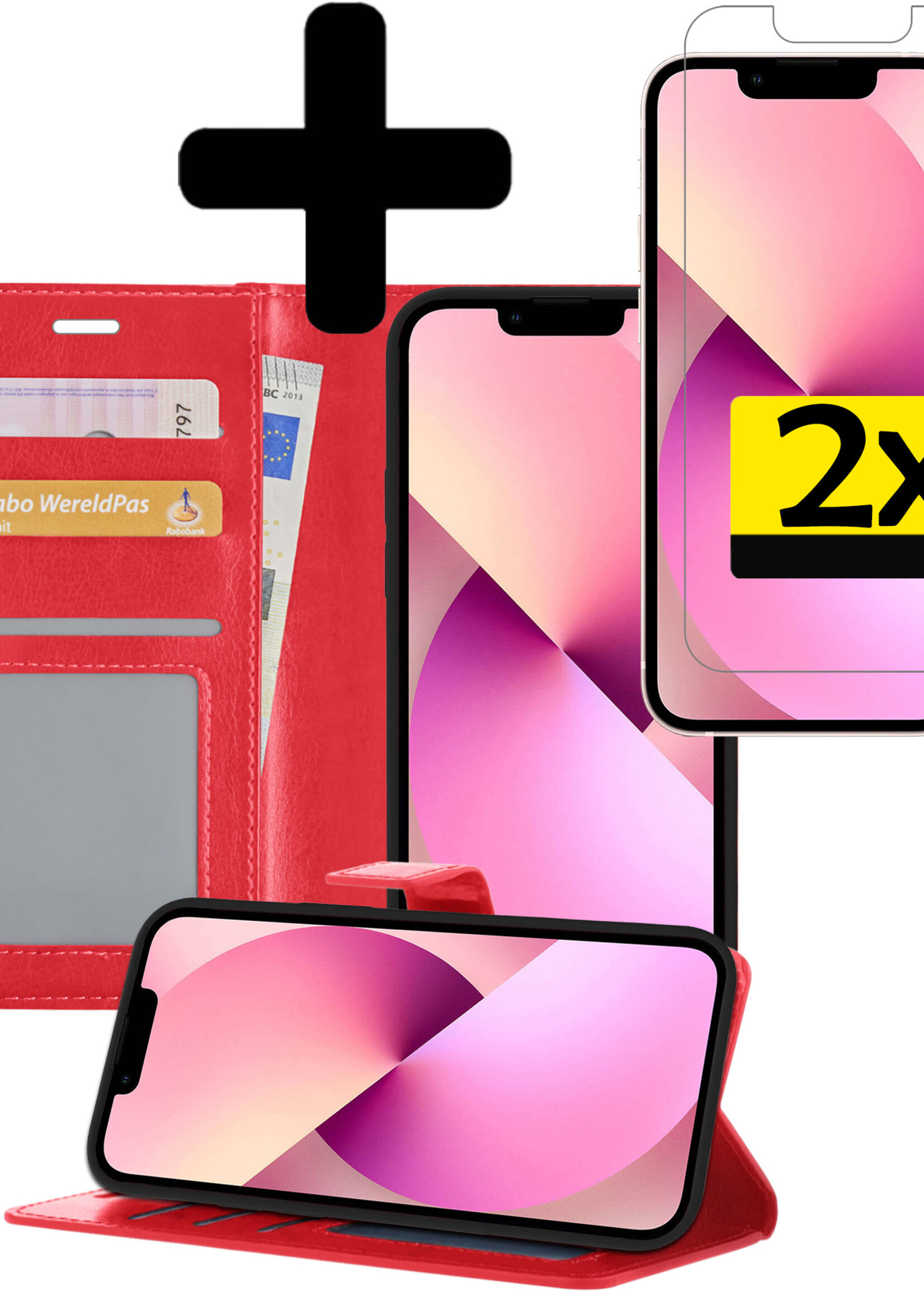 LUQ Hoesje Geschikt voor iPhone 13 Pro Max Hoesje Book Case Hoes Wallet Cover Met 2x Screenprotector - Hoes Geschikt voor iPhone 13 Pro Max Hoesje Bookcase Hoes - Rood