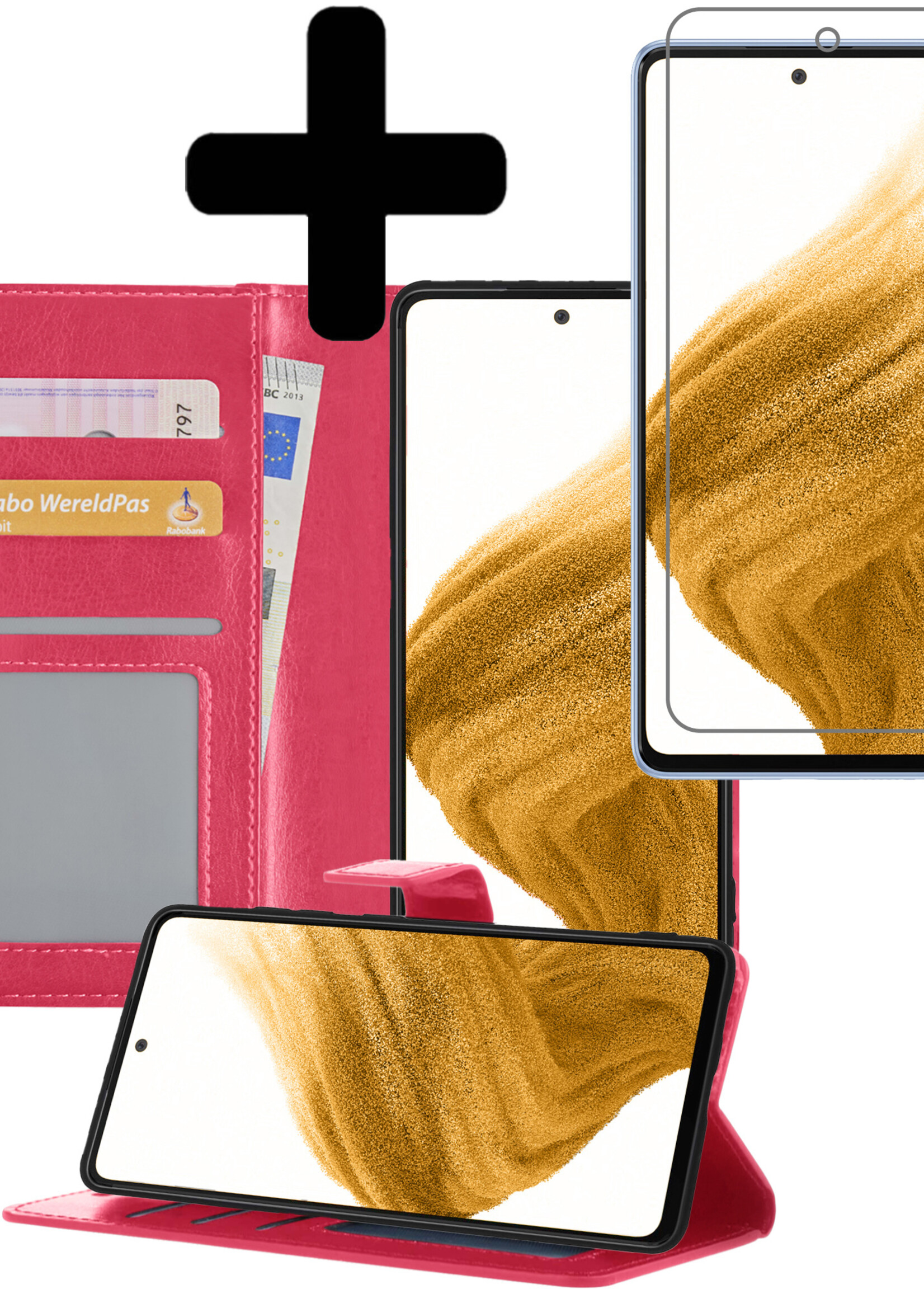 LUQ Hoesje Geschikt voor Samsung A53 Hoesje Book Case Hoes Wallet Cover Met Screenprotector - Hoes Geschikt voor Samsung Galaxy A53 Hoesje Bookcase Hoes - Donkerroze