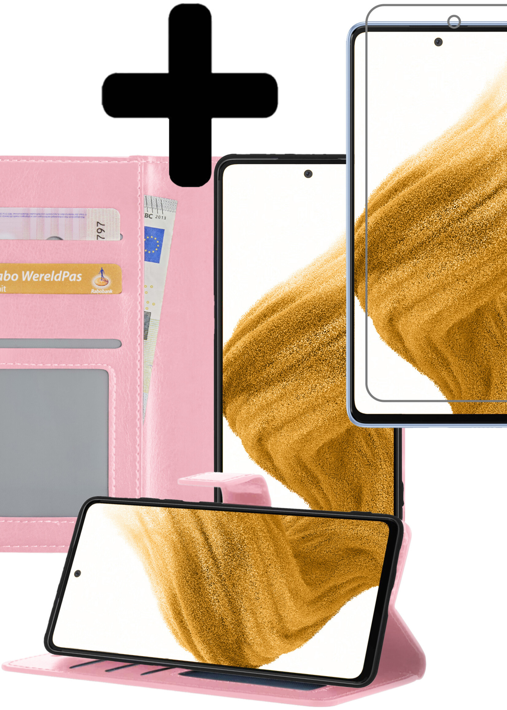 LUQ Hoesje Geschikt voor Samsung A53 Hoesje Book Case Hoes Wallet Cover Met Screenprotector - Hoes Geschikt voor Samsung Galaxy A53 Hoesje Bookcase Hoes - Lichtroze