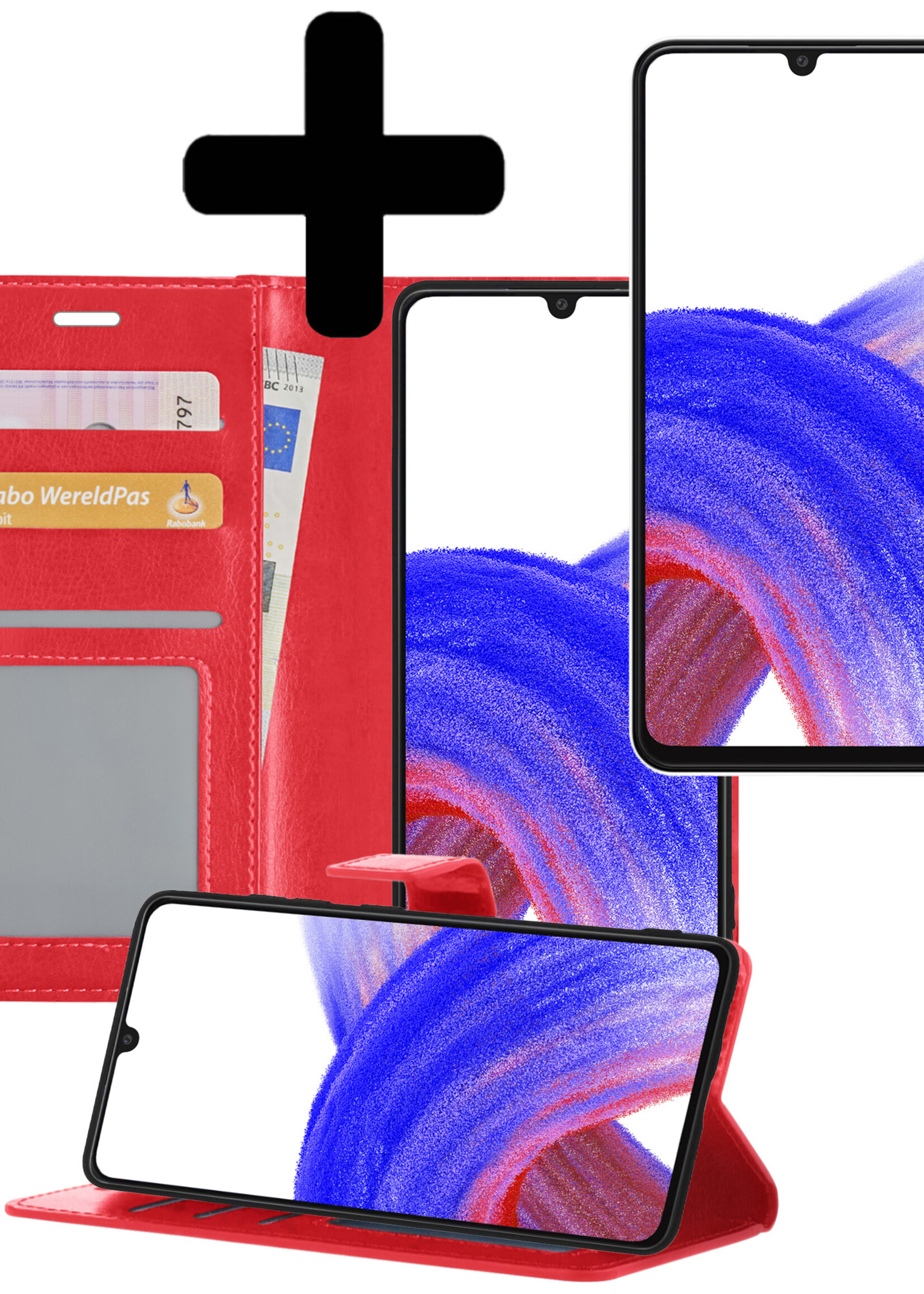 LUQ Hoesje Geschikt voor Samsung A33 Hoesje Book Case Hoes Wallet Cover Met Screenprotector - Hoes Geschikt voor Samsung Galaxy A33 Hoesje Bookcase Hoes - Rood