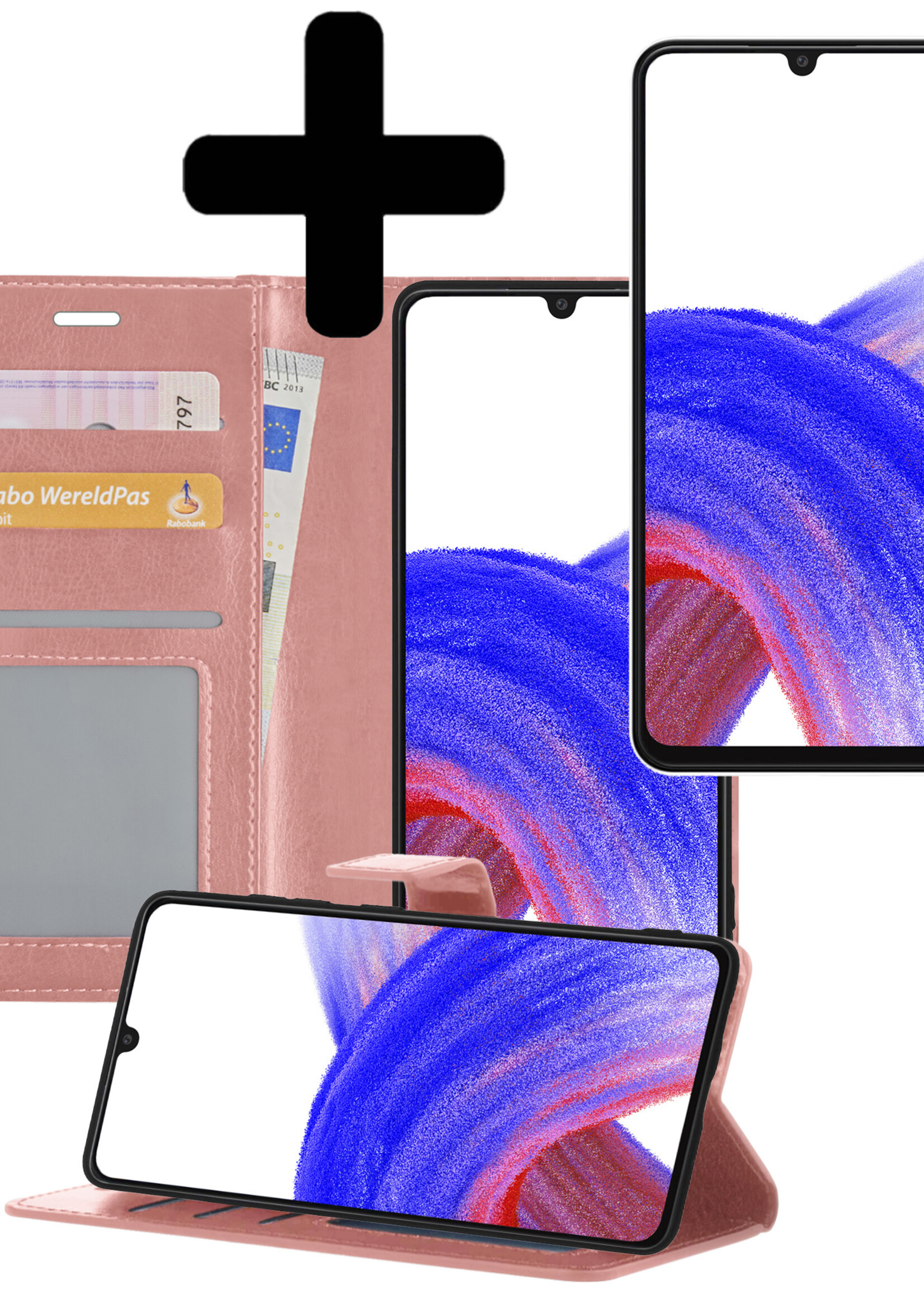 LUQ Hoesje Geschikt voor Samsung A33 Hoesje Book Case Hoes Wallet Cover Met Screenprotector - Hoes Geschikt voor Samsung Galaxy A33 Hoesje Bookcase Hoes - Rosé goud