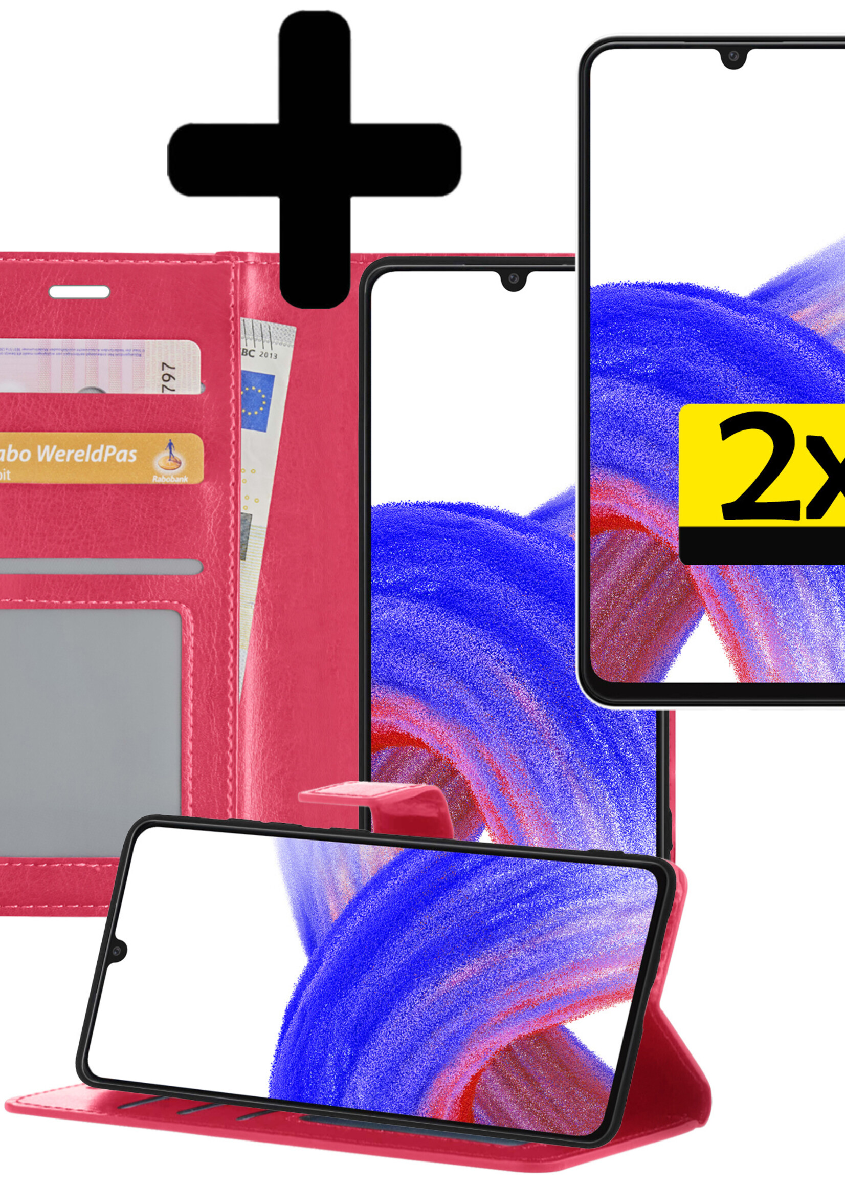 LUQ Hoesje Geschikt voor Samsung A33 Hoesje Book Case Hoes Wallet Cover Met 2x Screenprotector - Hoes Geschikt voor Samsung Galaxy A33 Hoesje Bookcase Hoes - Donkerroze