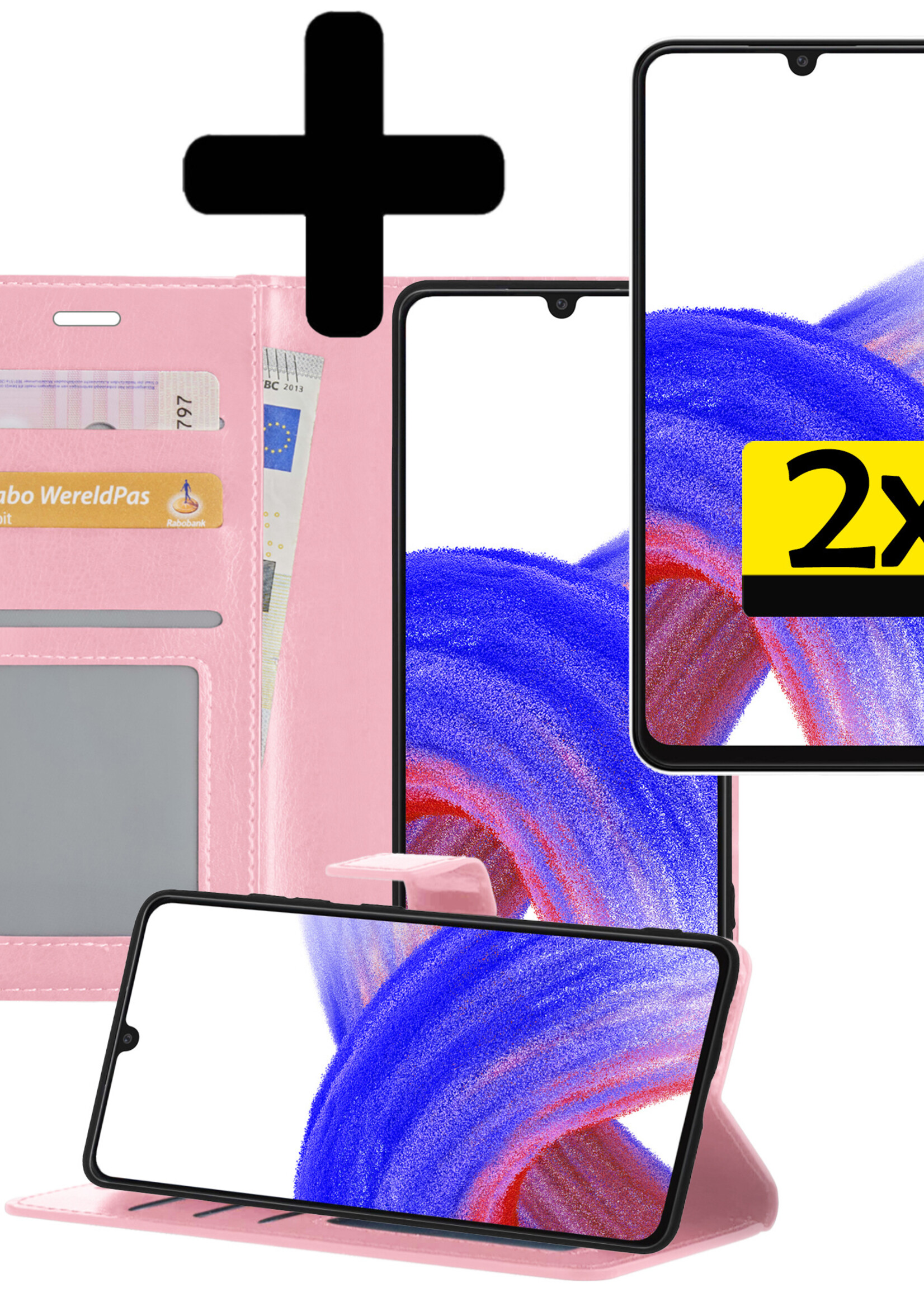 LUQ Hoesje Geschikt voor Samsung A33 Hoesje Book Case Hoes Wallet Cover Met 2x Screenprotector - Hoes Geschikt voor Samsung Galaxy A33 Hoesje Bookcase Hoes - Lichtroze