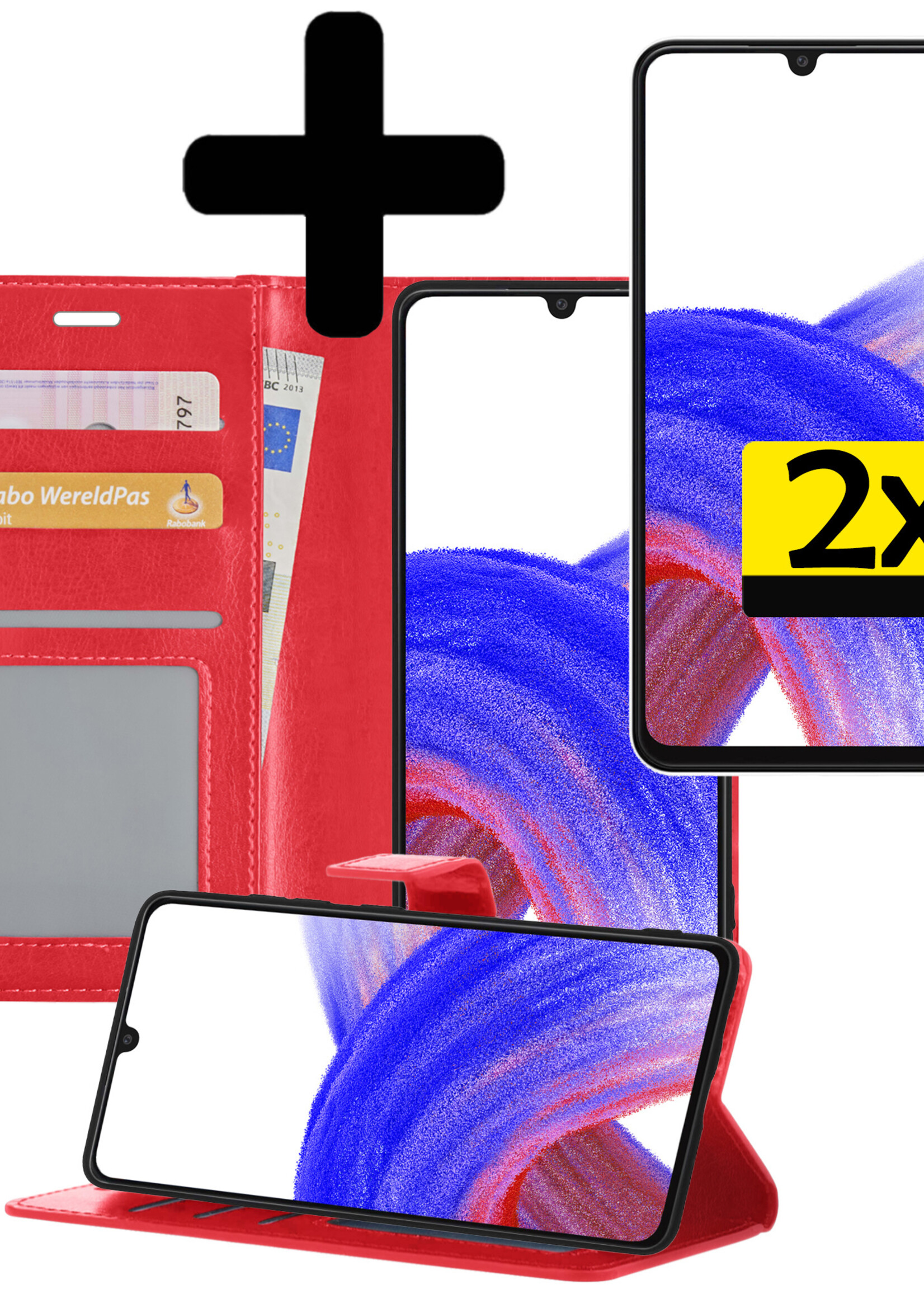 LUQ Hoesje Geschikt voor Samsung A33 Hoesje Book Case Hoes Wallet Cover Met 2x Screenprotector - Hoes Geschikt voor Samsung Galaxy A33 Hoesje Bookcase Hoes - Rood
