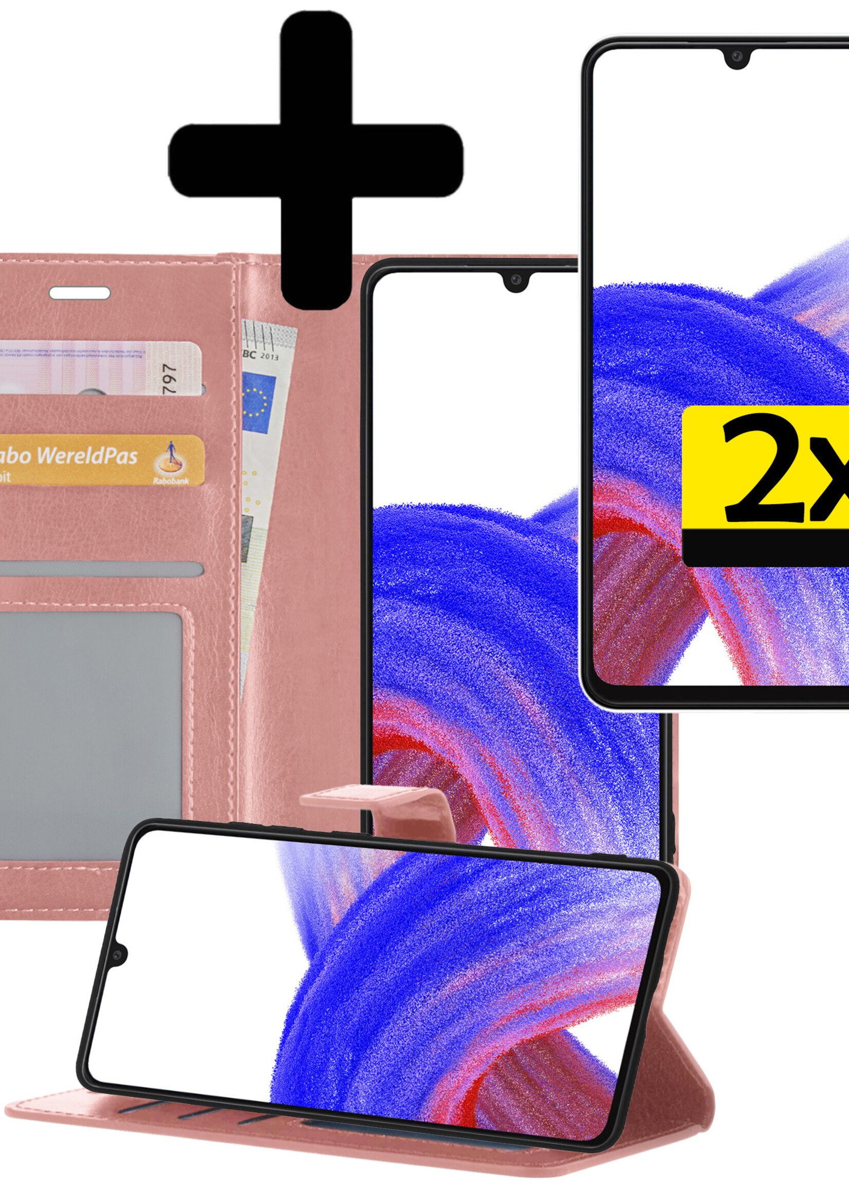 LUQ Hoesje Geschikt voor Samsung A33 Hoesje Book Case Hoes Wallet Cover Met 2x Screenprotector - Hoes Geschikt voor Samsung Galaxy A33 Hoesje Bookcase Hoes - Rosé goud