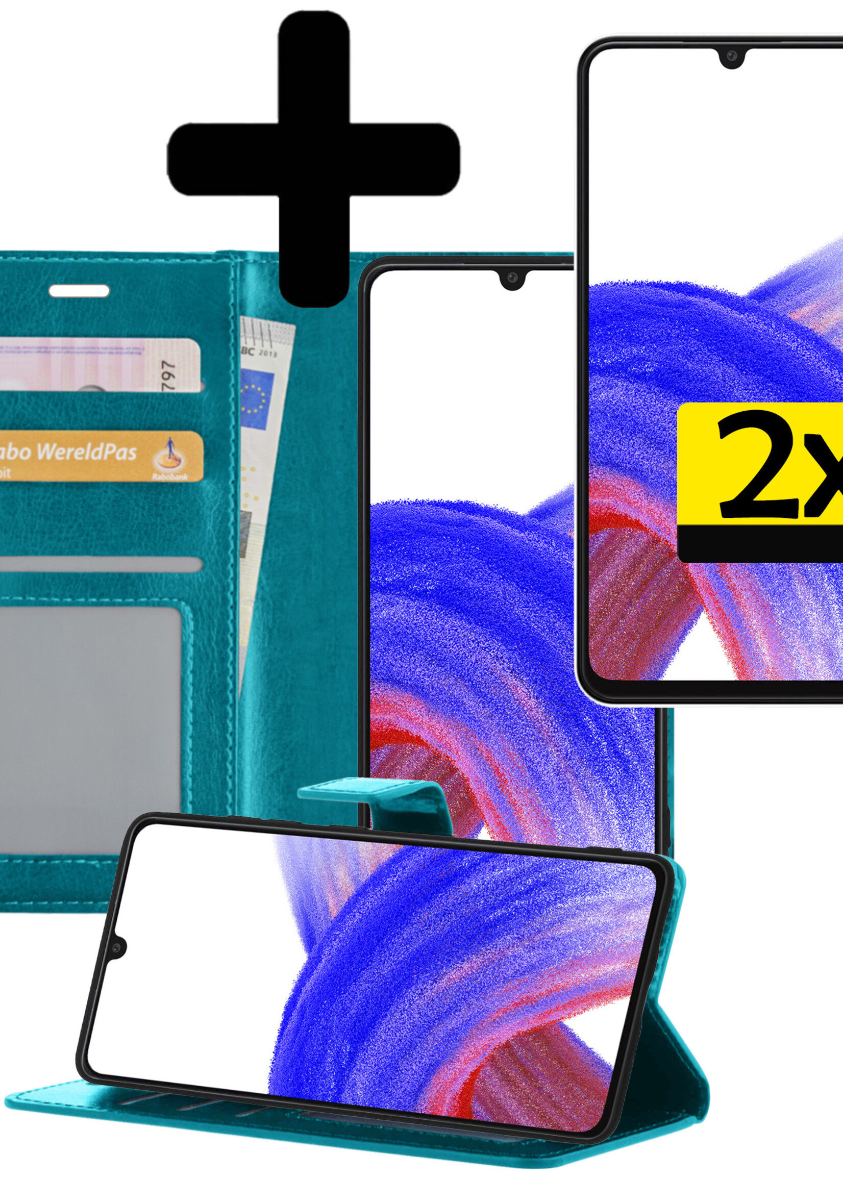 LUQ Hoesje Geschikt voor Samsung A33 Hoesje Book Case Hoes Wallet Cover Met 2x Screenprotector - Hoes Geschikt voor Samsung Galaxy A33 Hoesje Bookcase Hoes - Turquoise