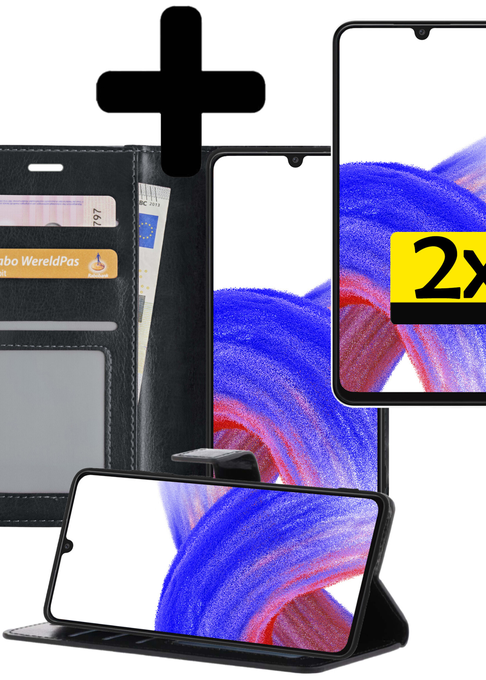 LUQ Hoesje Geschikt voor Samsung A33 Hoesje Book Case Hoes Wallet Cover Met 2x Screenprotector - Hoes Geschikt voor Samsung Galaxy A33 Hoesje Bookcase Hoes - Zwart