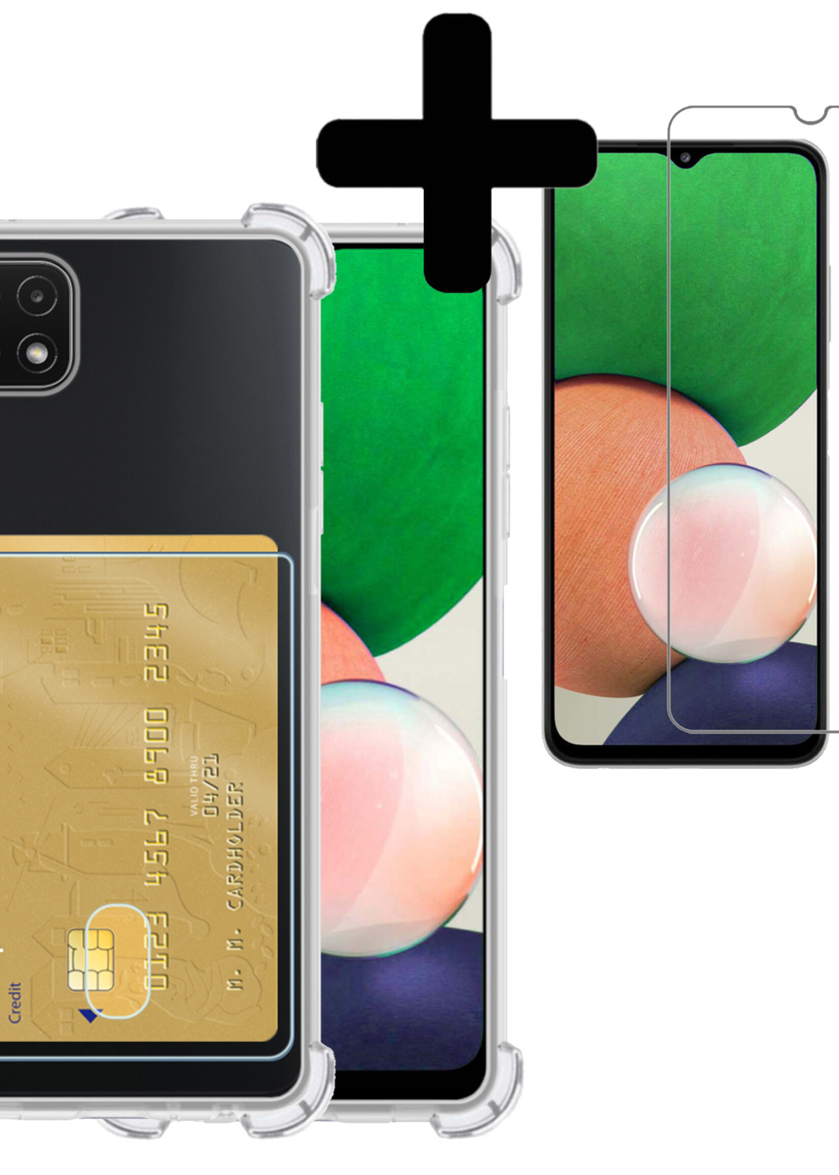 LUQ Hoesje Geschikt voor Samsung A22 5G Hoesje Case Pashouder Cover Siliconen Met Screenprotector - Hoes Geschikt voor Samsung Galaxy A22 5G Hoesje Met Kaarthouder- Transparant