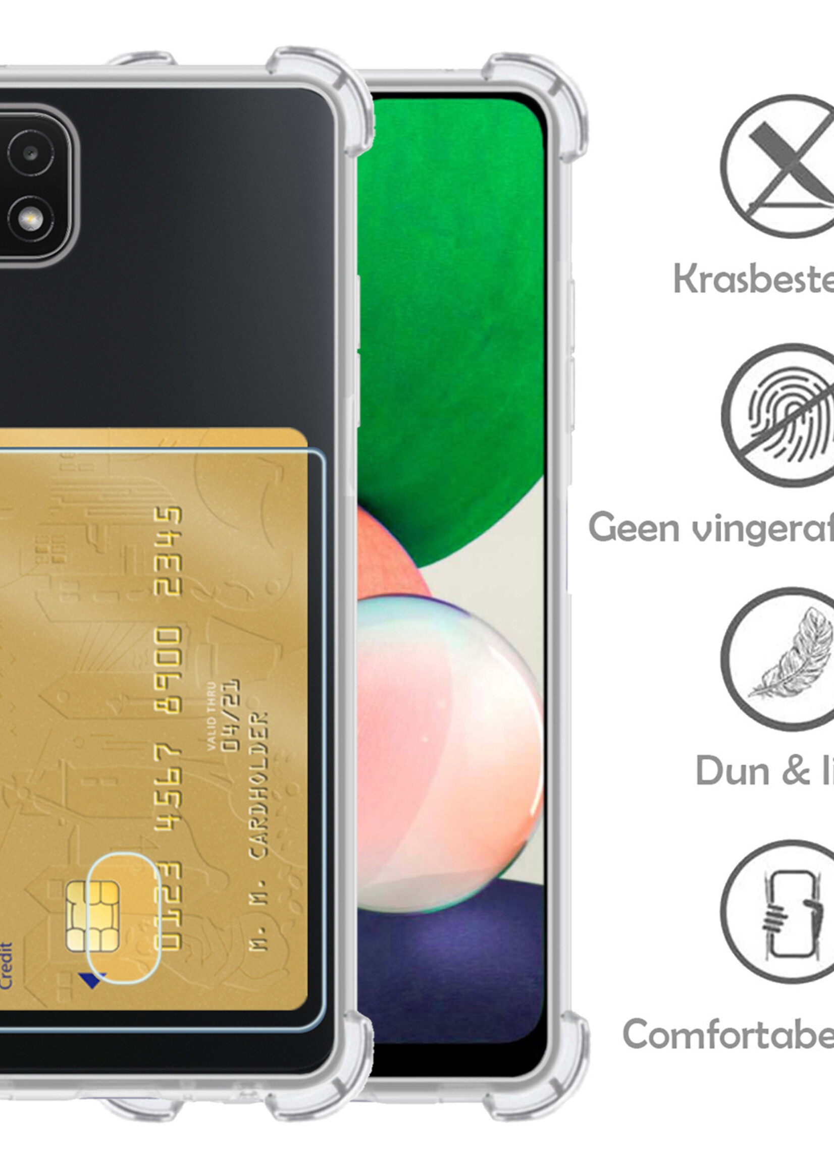 LUQ Hoesje Geschikt voor Samsung A22 5G Hoesje Case Pashouder Cover Siliconen Met Screenprotector - Hoes Geschikt voor Samsung Galaxy A22 5G Hoesje Met Kaarthouder- Transparant