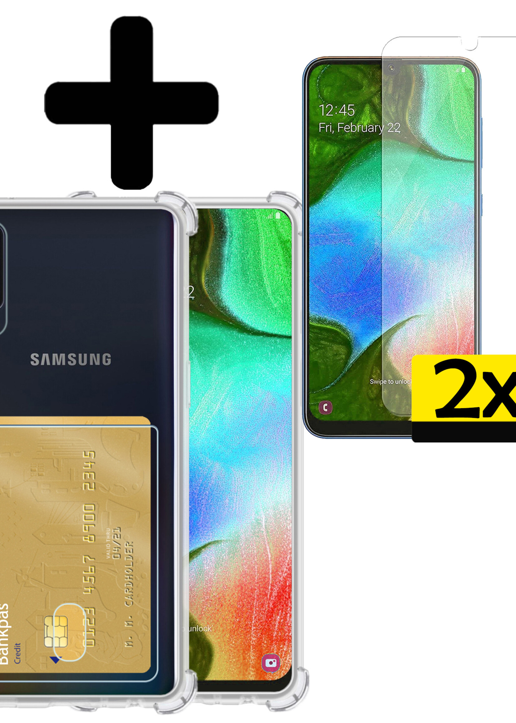 LUQ Hoesje Geschikt voor Samsung A70/A70s Hoesje Case Pashouder Cover Siliconen Met 2x Screenprotector - Hoes Geschikt voor Samsung Galaxy A70/A70s Hoesje Met Kaarthouder- Transparant